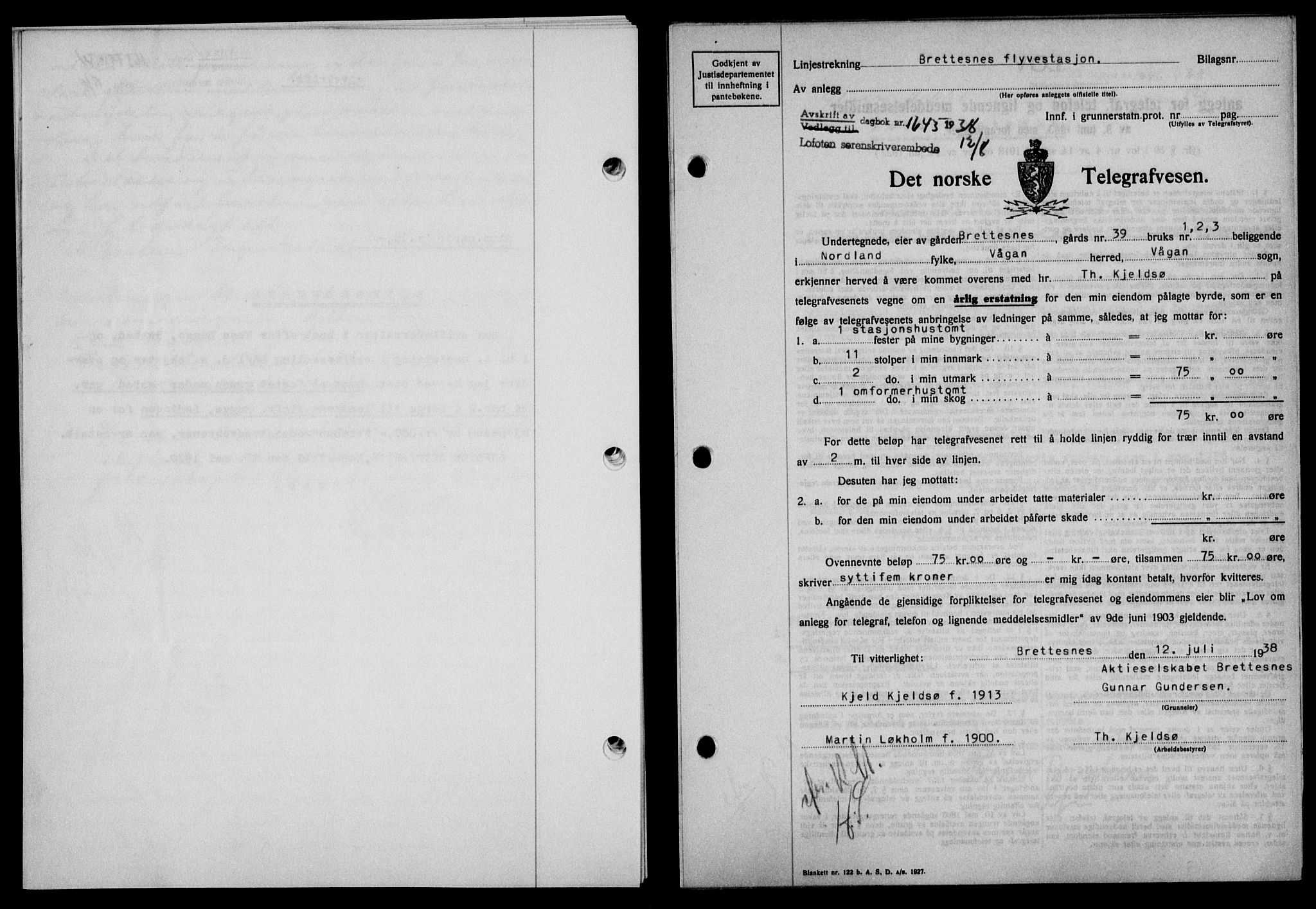 Lofoten sorenskriveri, AV/SAT-A-0017/1/2/2C/L0004a: Mortgage book no. 4a, 1938-1938, Diary no: : 1645/1938