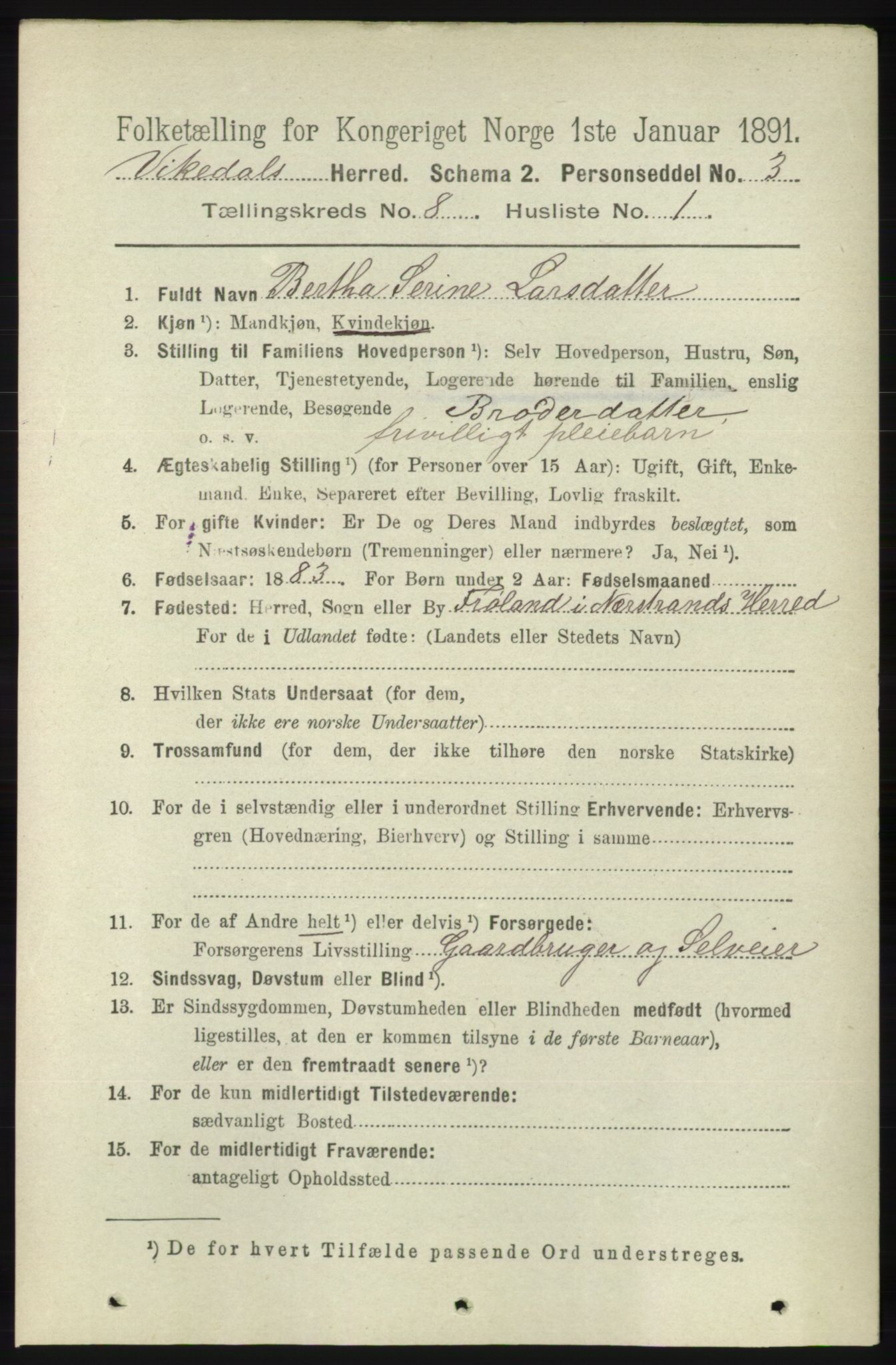 RA, 1891 census for 1157 Vikedal, 1891, p. 2225