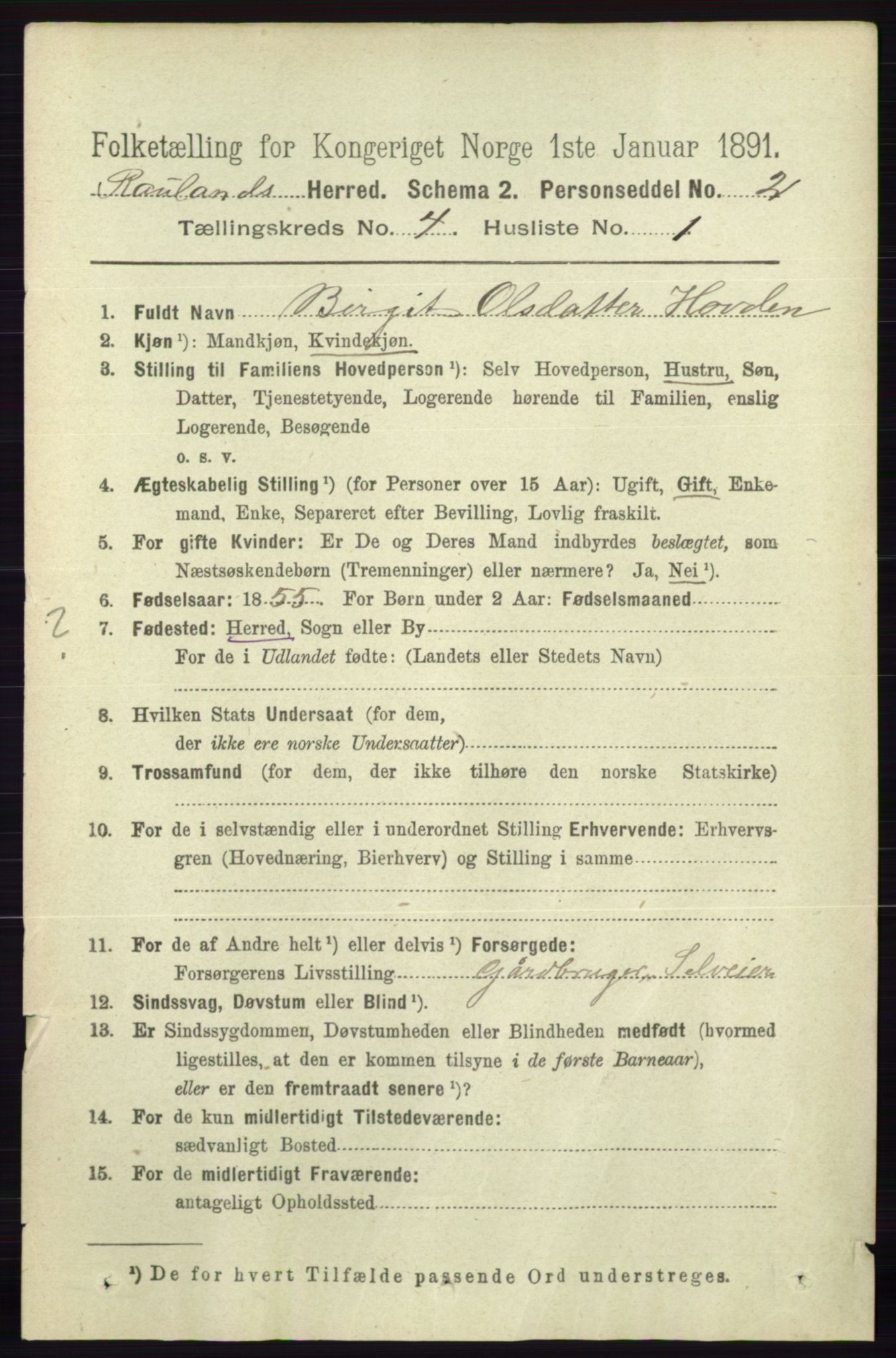 RA, 1891 census for 0835 Rauland, 1891, p. 1013