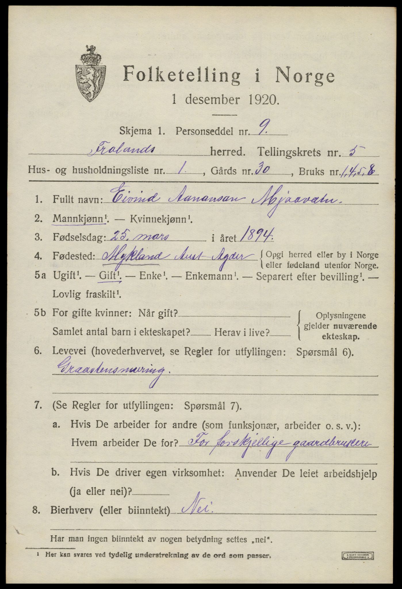 SAK, 1920 census for Froland, 1920, p. 3639