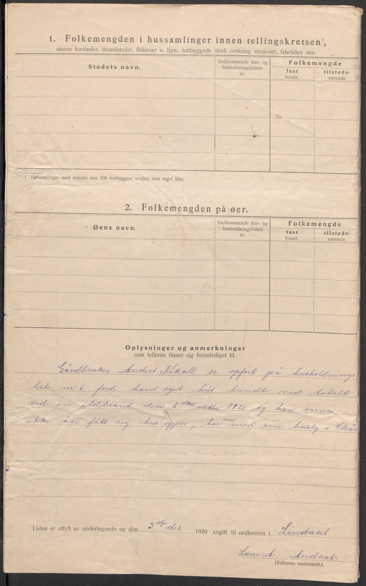 SAB, 1920 census for Lindås, 1920, p. 7