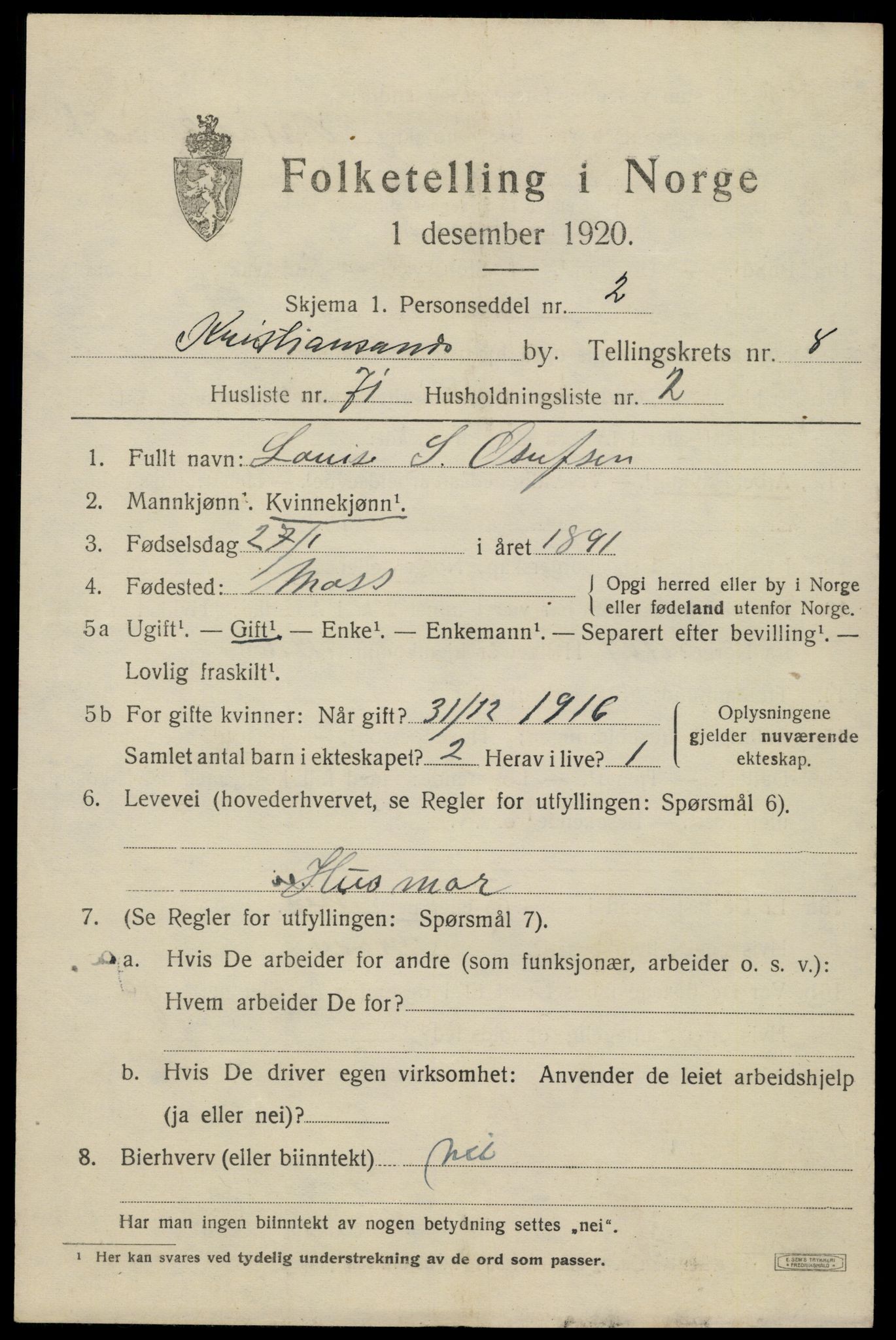 SAK, 1920 census for Kristiansand, 1920, p. 22499