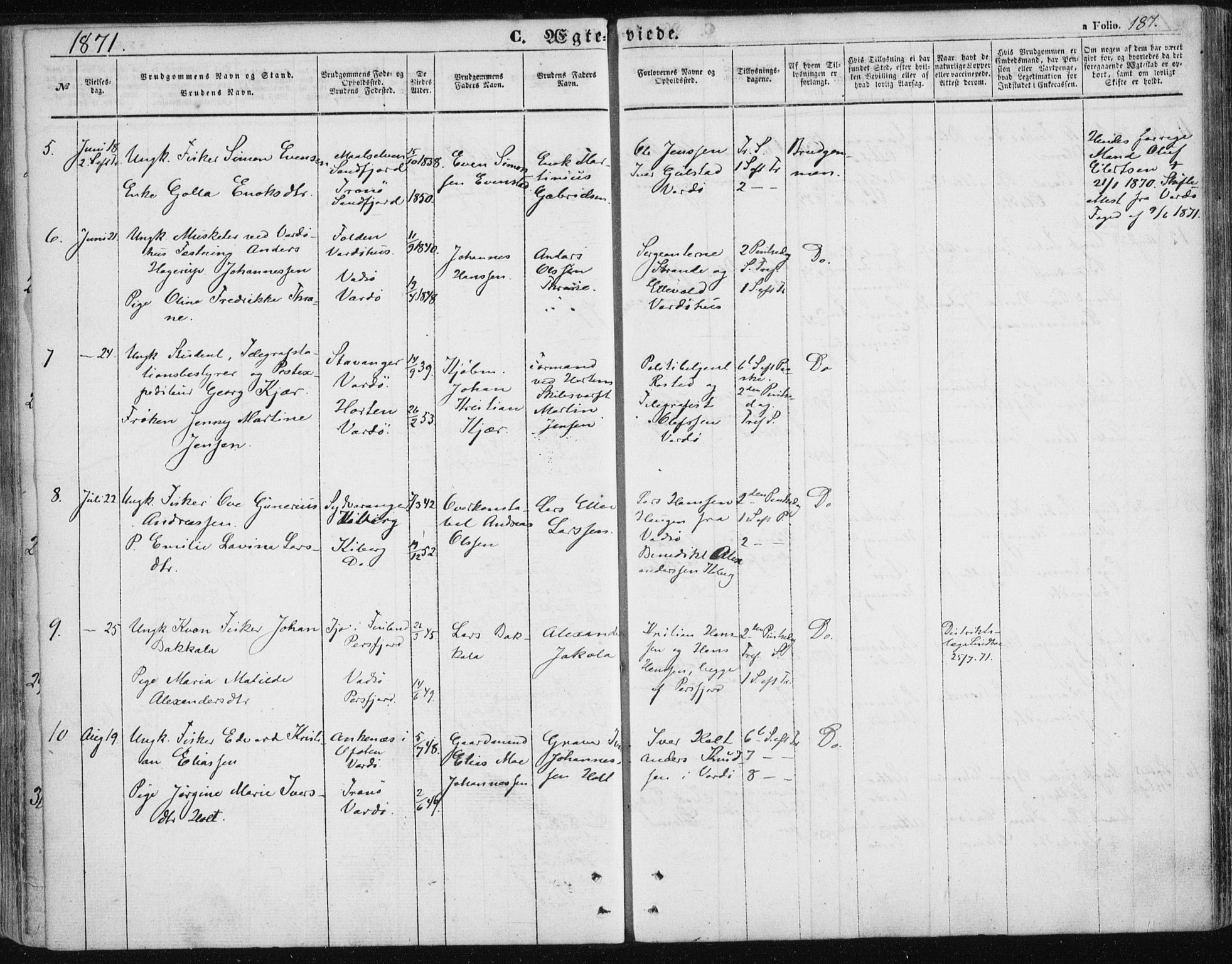 Vardø sokneprestkontor, SATØ/S-1332/H/Ha/L0004kirke: Parish register (official) no. 4, 1862-1871, p. 187