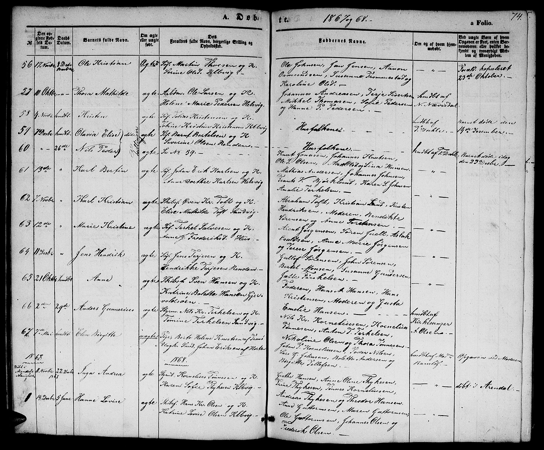 Hisøy sokneprestkontor, SAK/1111-0020/F/Fb/L0001: Parish register (copy) no. B 1, 1849-1872, p. 74