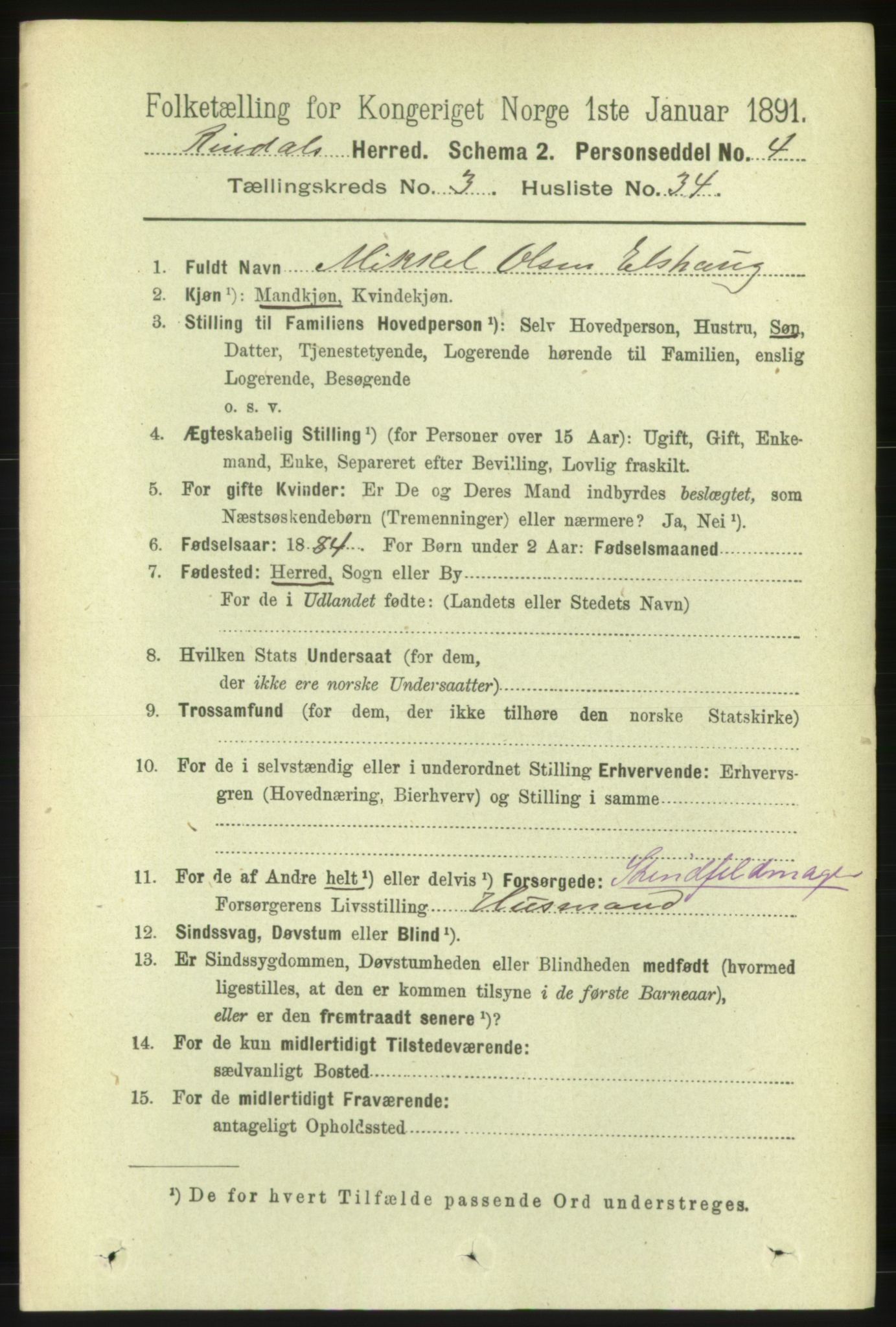 RA, 1891 census for 1567 Rindal, 1891, p. 915