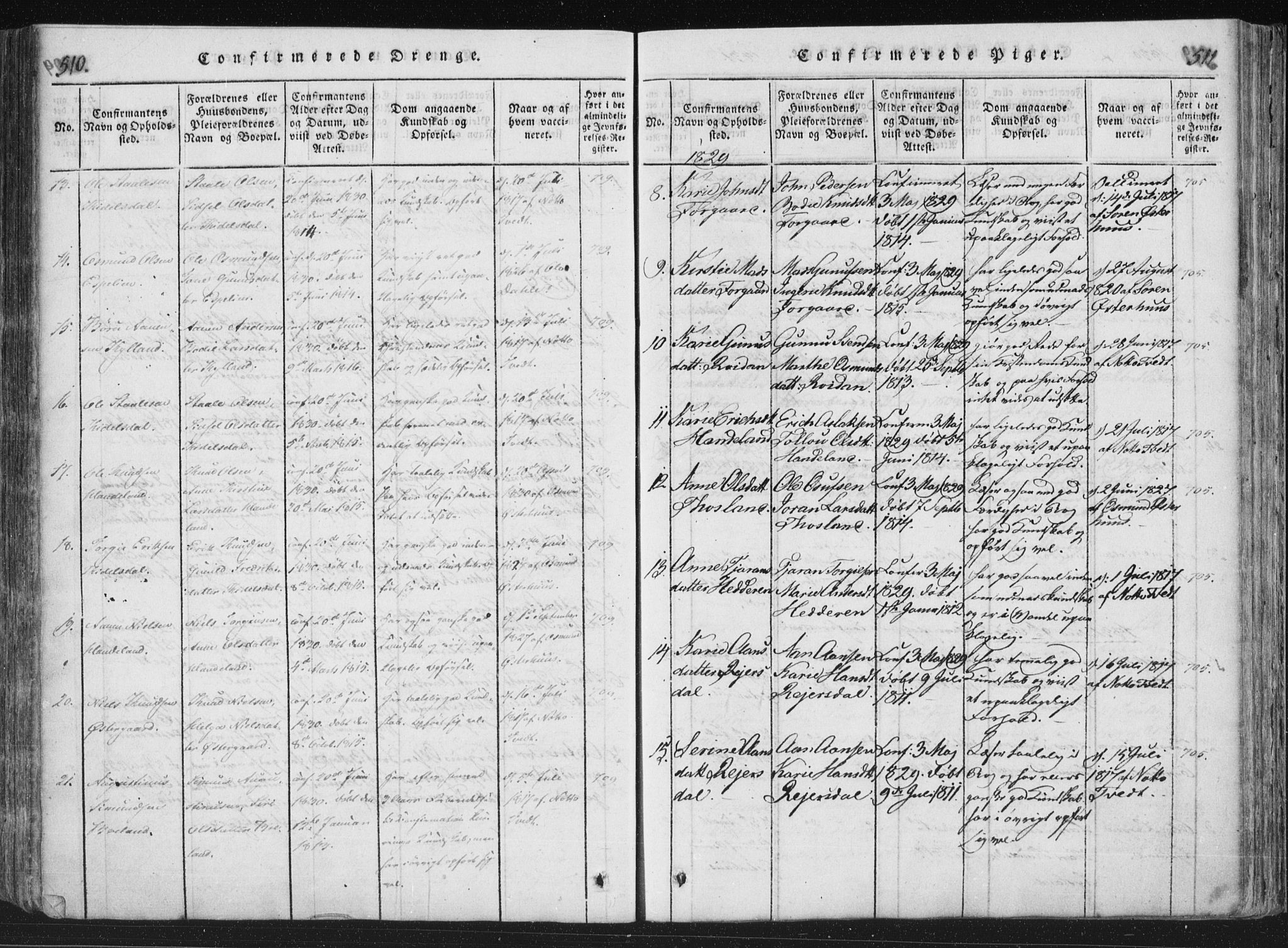 Åseral sokneprestkontor, SAK/1111-0051/F/Fa/L0001: Parish register (official) no. A 1, 1815-1853, p. 510-511