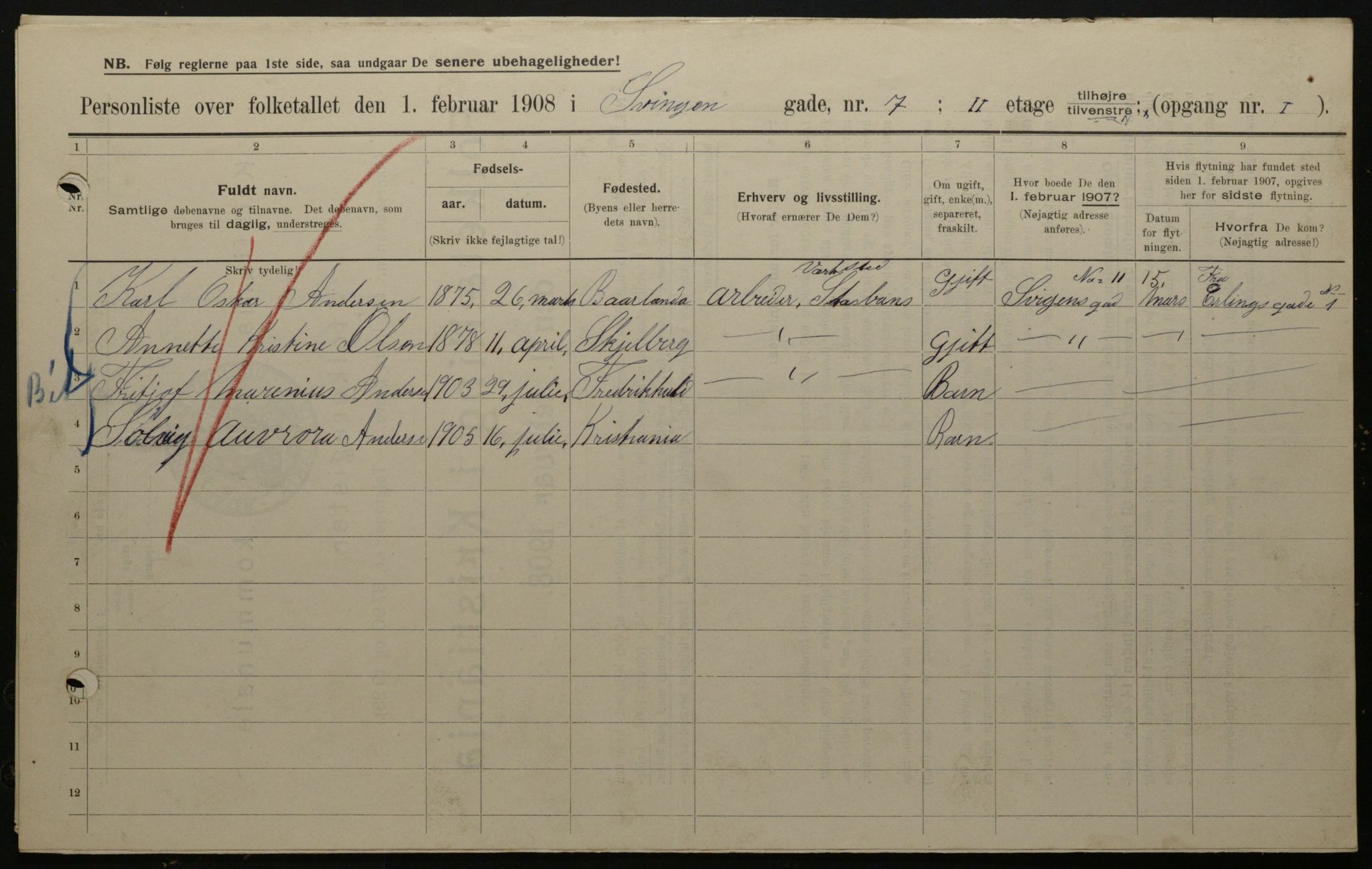 OBA, Municipal Census 1908 for Kristiania, 1908, p. 95438