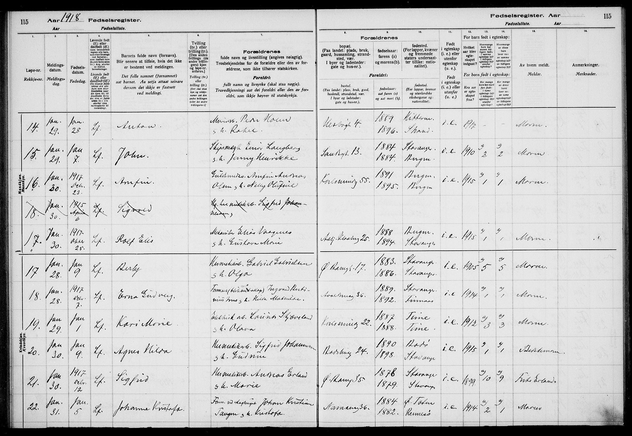 St. Johannes sokneprestkontor, AV/SAST-A-101814/002/A/L0001: Birth register no. 1, 1916-1919, p. 115