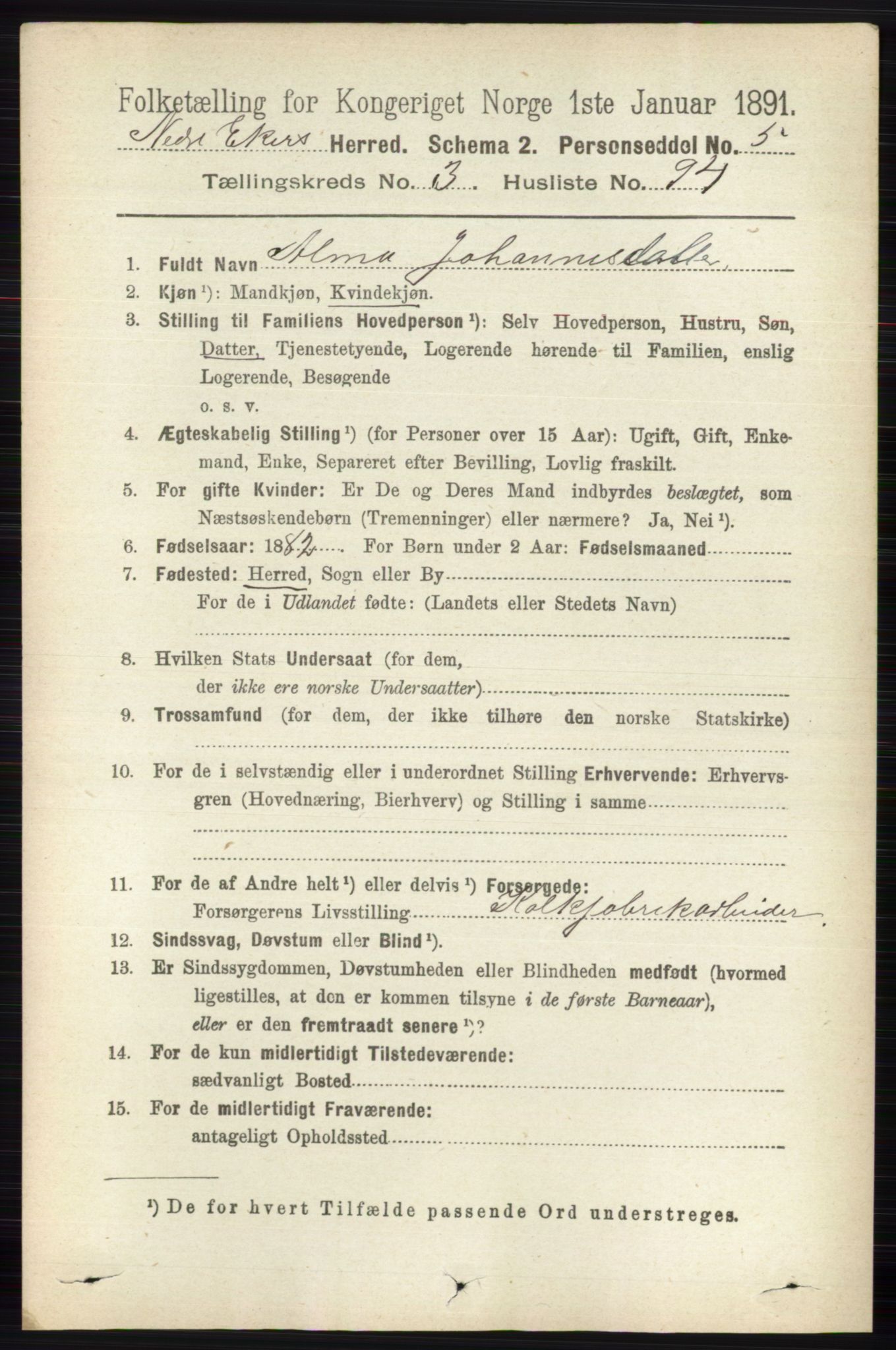 RA, 1891 census for 0625 Nedre Eiker, 1891, p. 1734