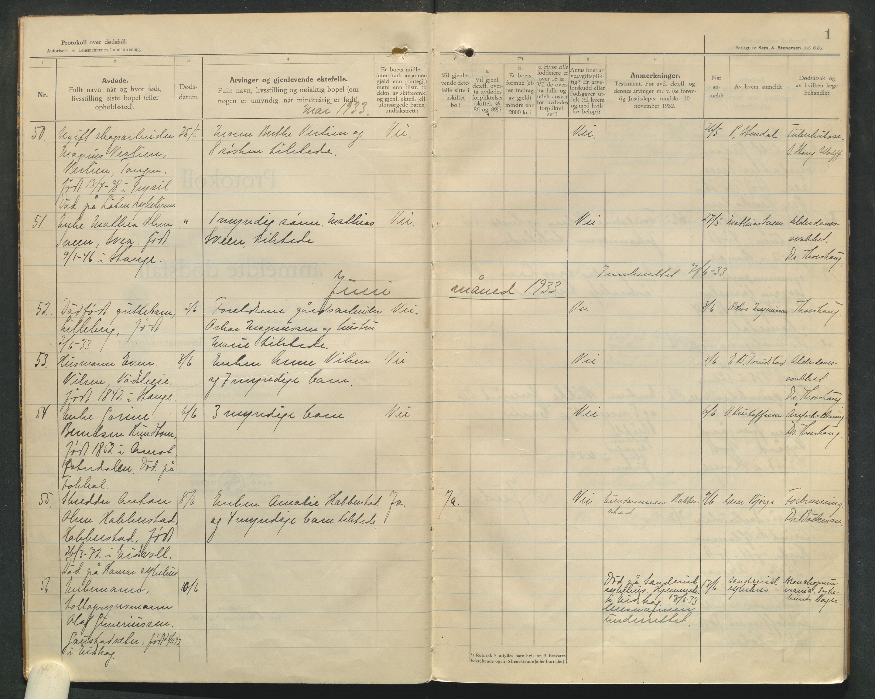 Stange lensmannskontor, AV/SAH-LHS-020/H/Ha/Haa/L0002/0002: Dødsfallsprotokoller / Dødsfallsprotokoll, 1933-1936, p. 1
