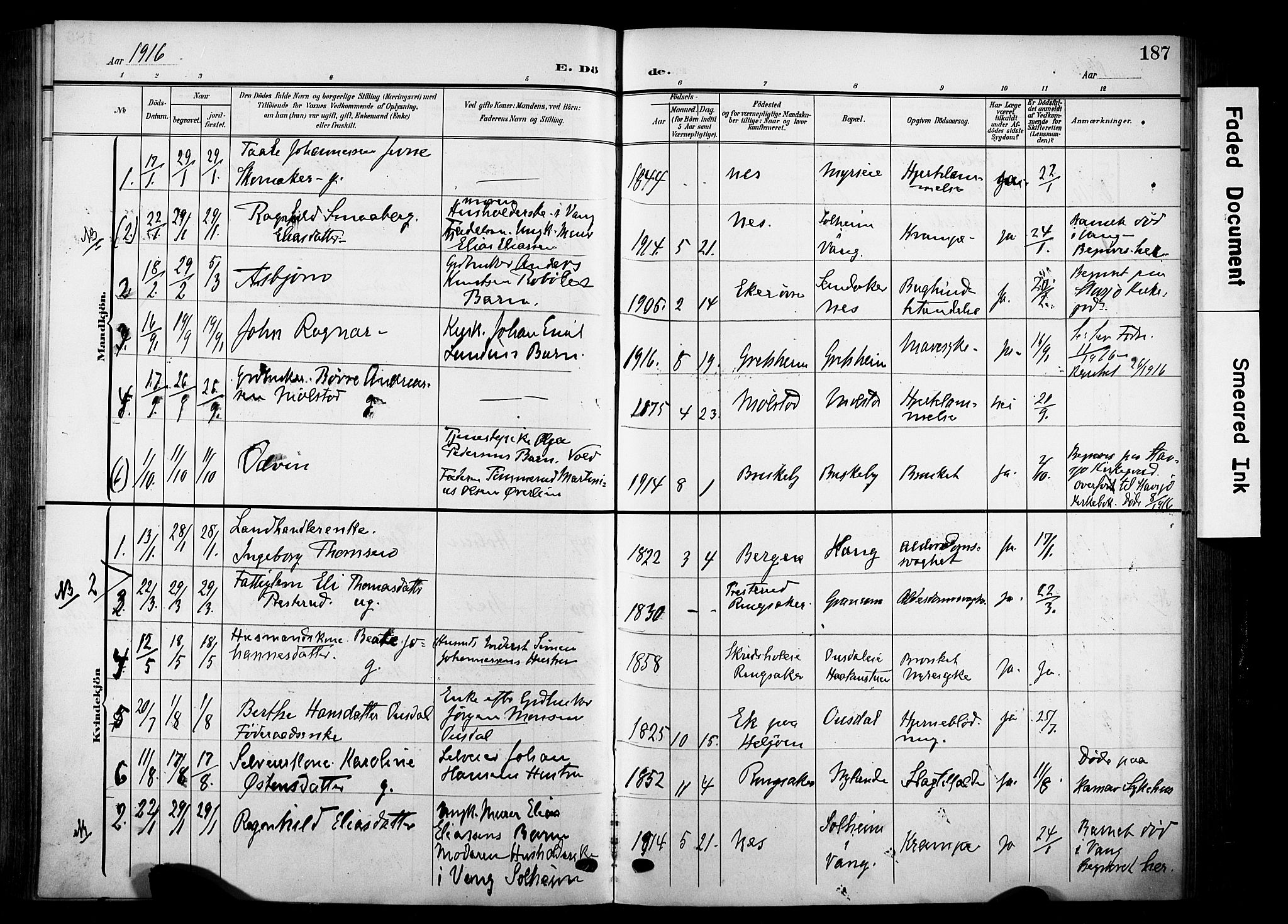 Nes prestekontor, Hedmark, SAH/PREST-020/K/Ka/L0014: Parish register (official) no. 14, 1906-1929, p. 187