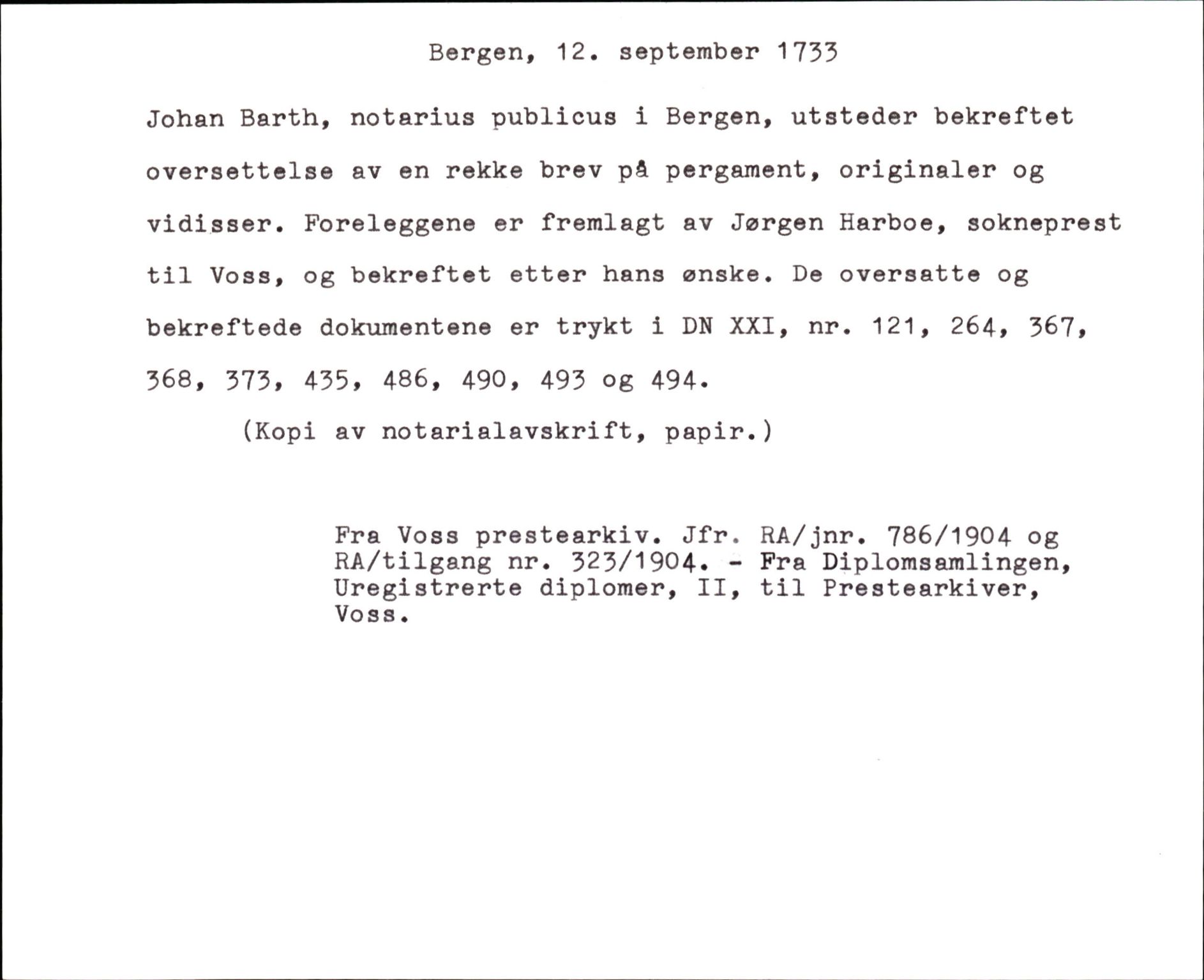 Riksarkivets diplomsamling, AV/RA-EA-5965/F35/F35k/L0003: Regestsedler: Prestearkiver fra Telemark, Agder, Vestlandet og Trøndelag, p. 419