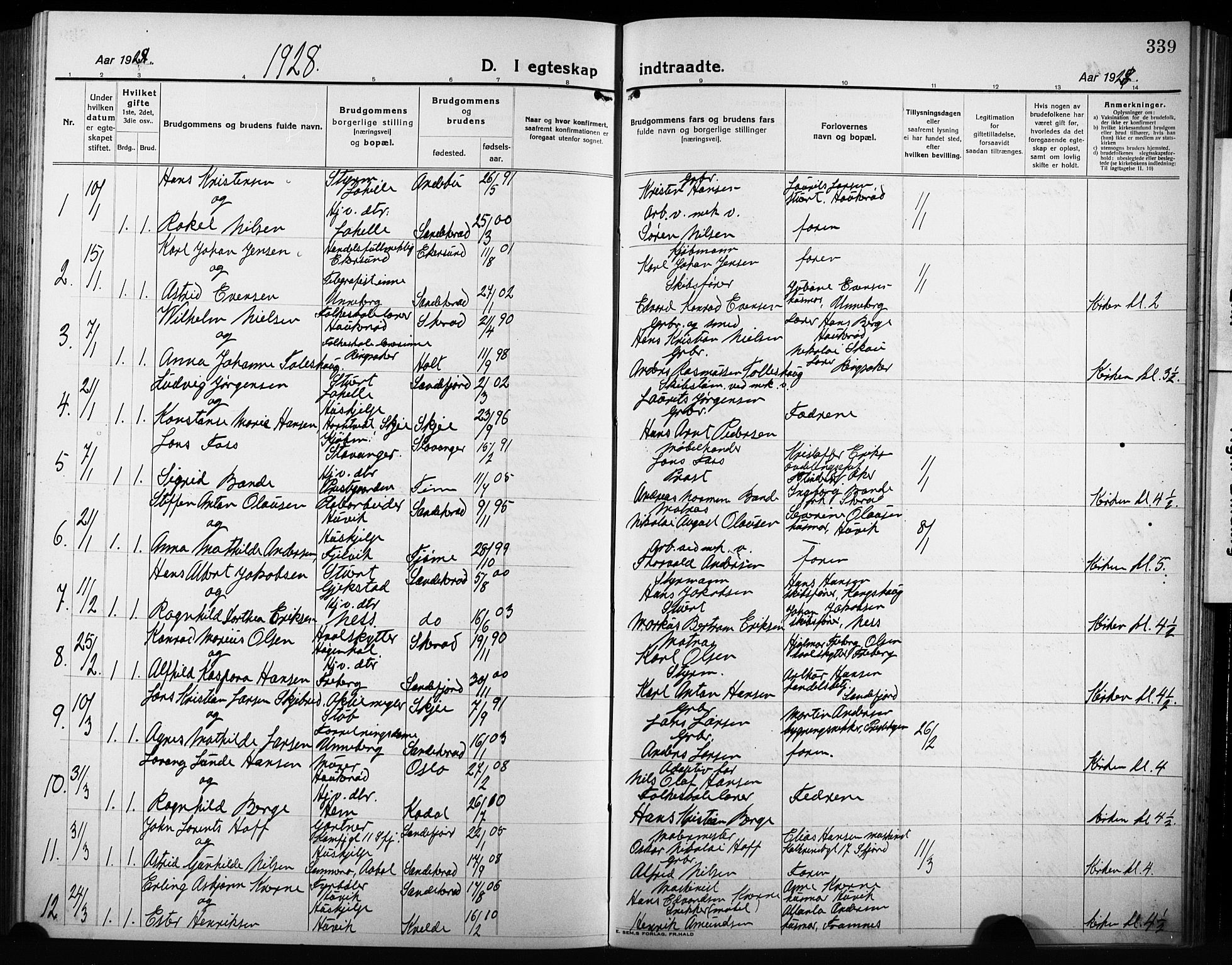 Sandar kirkebøker, AV/SAKO-A-243/G/Ga/L0004: Parish register (copy) no. 4, 1922-1932, p. 339