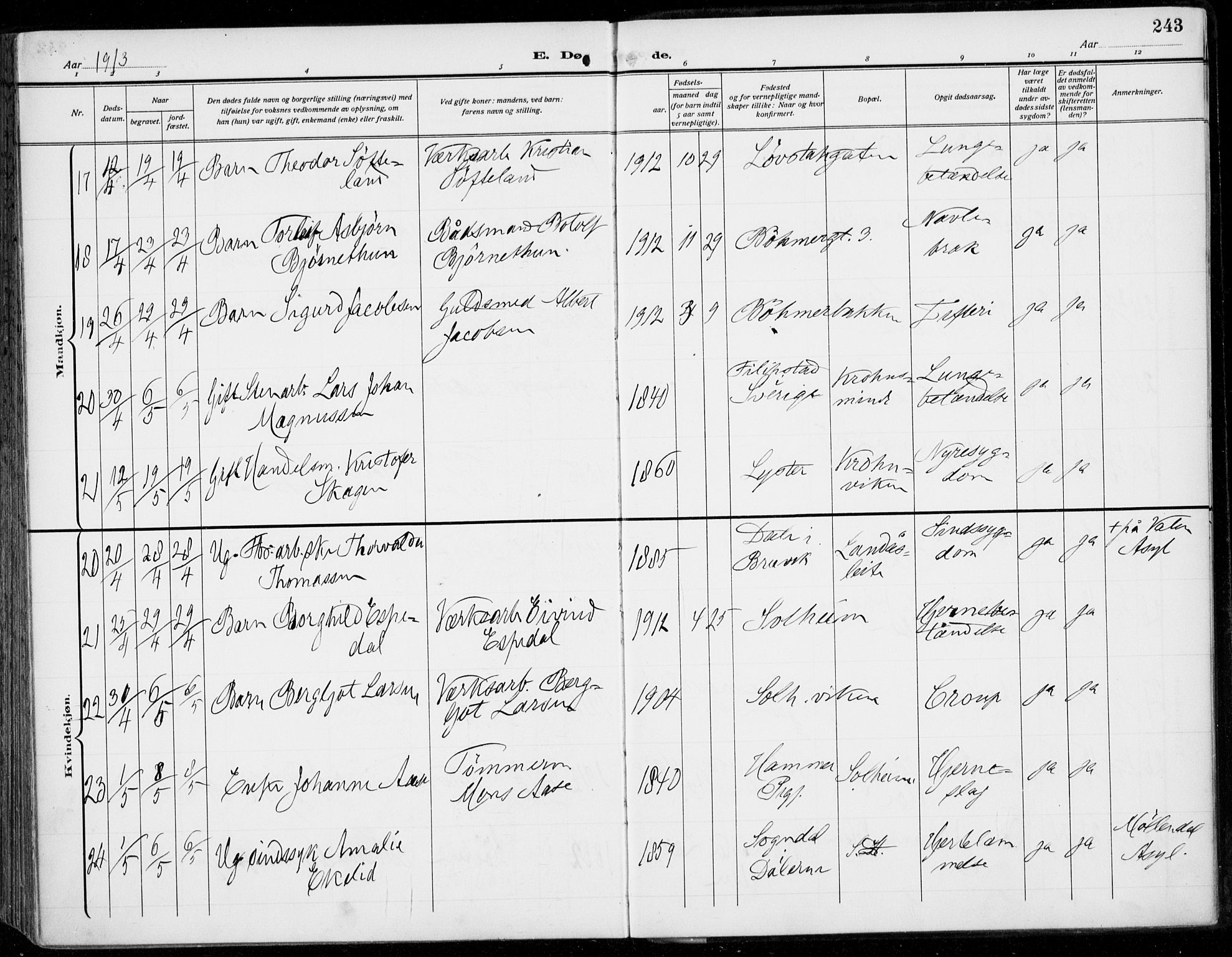 Årstad Sokneprestembete, AV/SAB-A-79301/H/Haa/L0009: Parish register (official) no. C 1, 1902-1918, p. 243