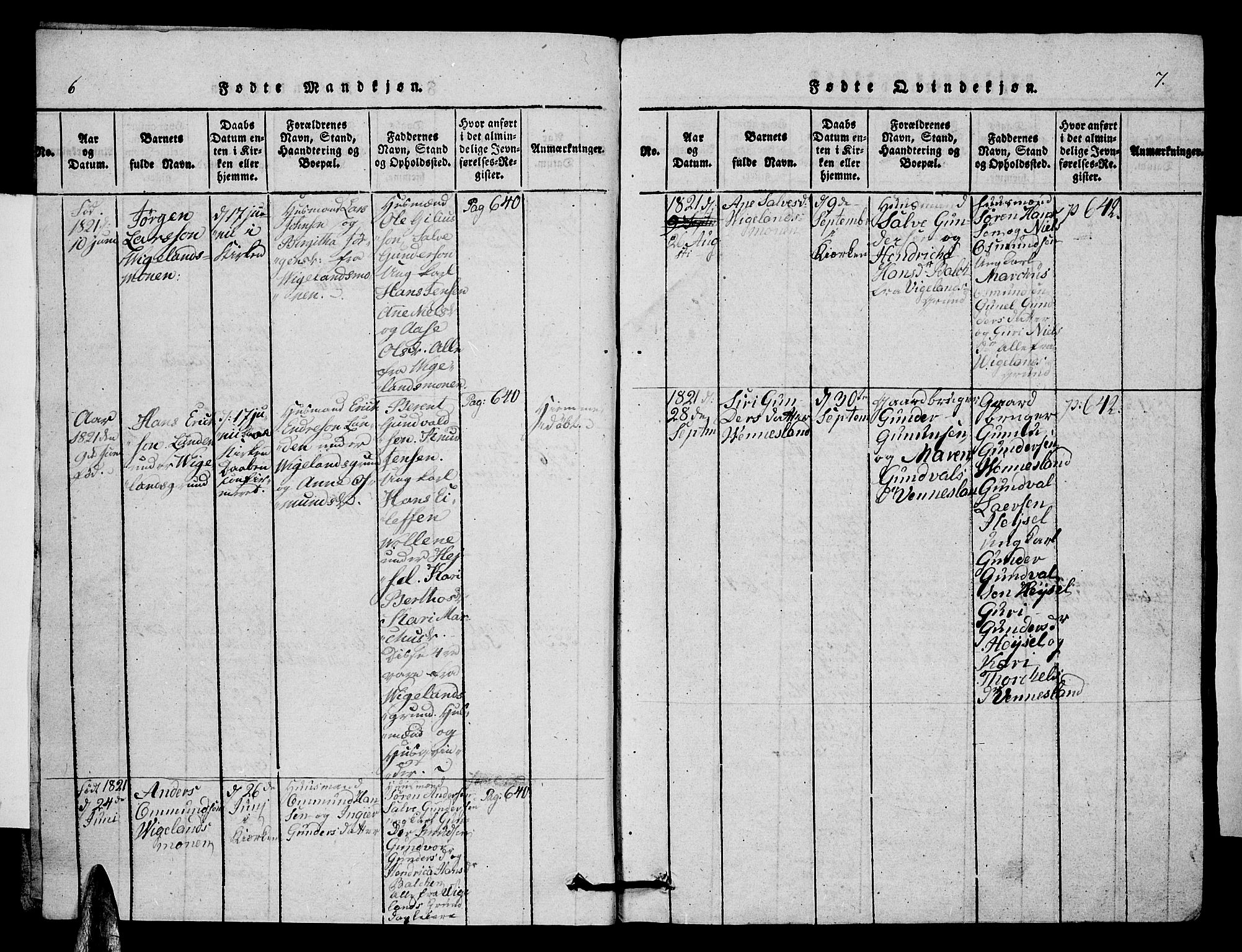 Vennesla sokneprestkontor, AV/SAK-1111-0045/Fb/Fbb/L0001: Parish register (copy) no. B 1, 1820-1834, p. 6-7