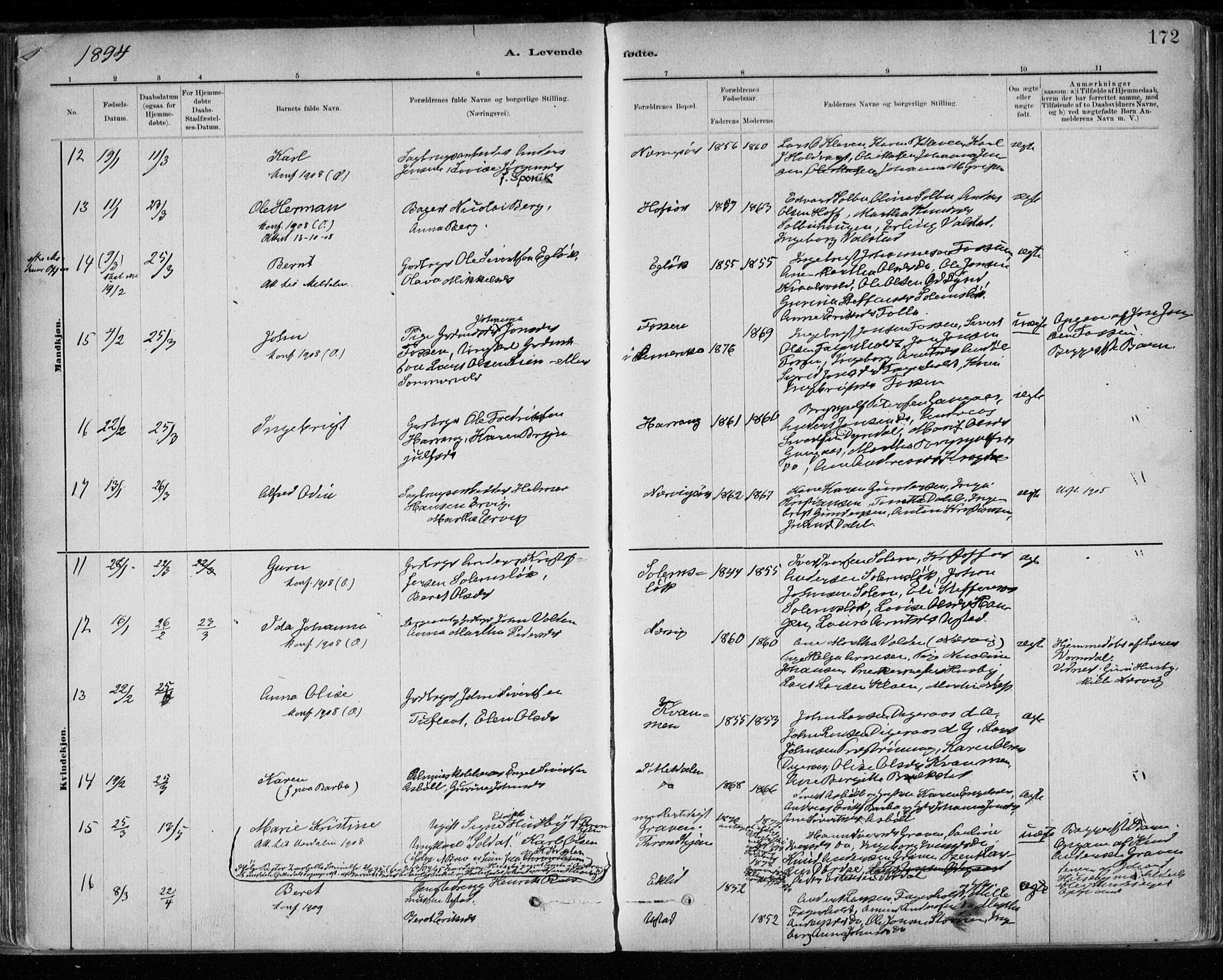 Ministerialprotokoller, klokkerbøker og fødselsregistre - Sør-Trøndelag, AV/SAT-A-1456/668/L0809: Parish register (official) no. 668A09, 1881-1895, p. 172