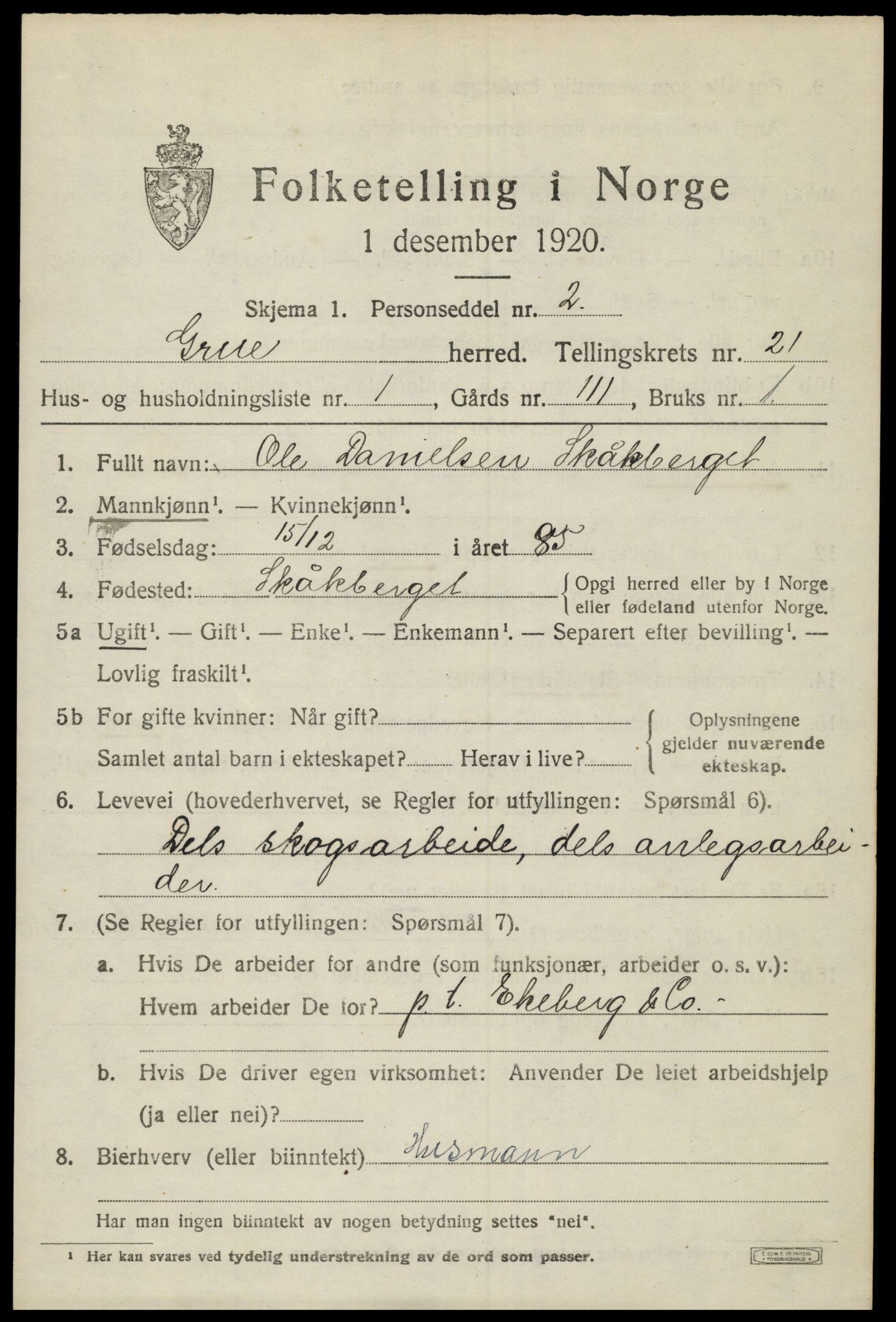 SAH, 1920 census for Grue, 1920, p. 15287