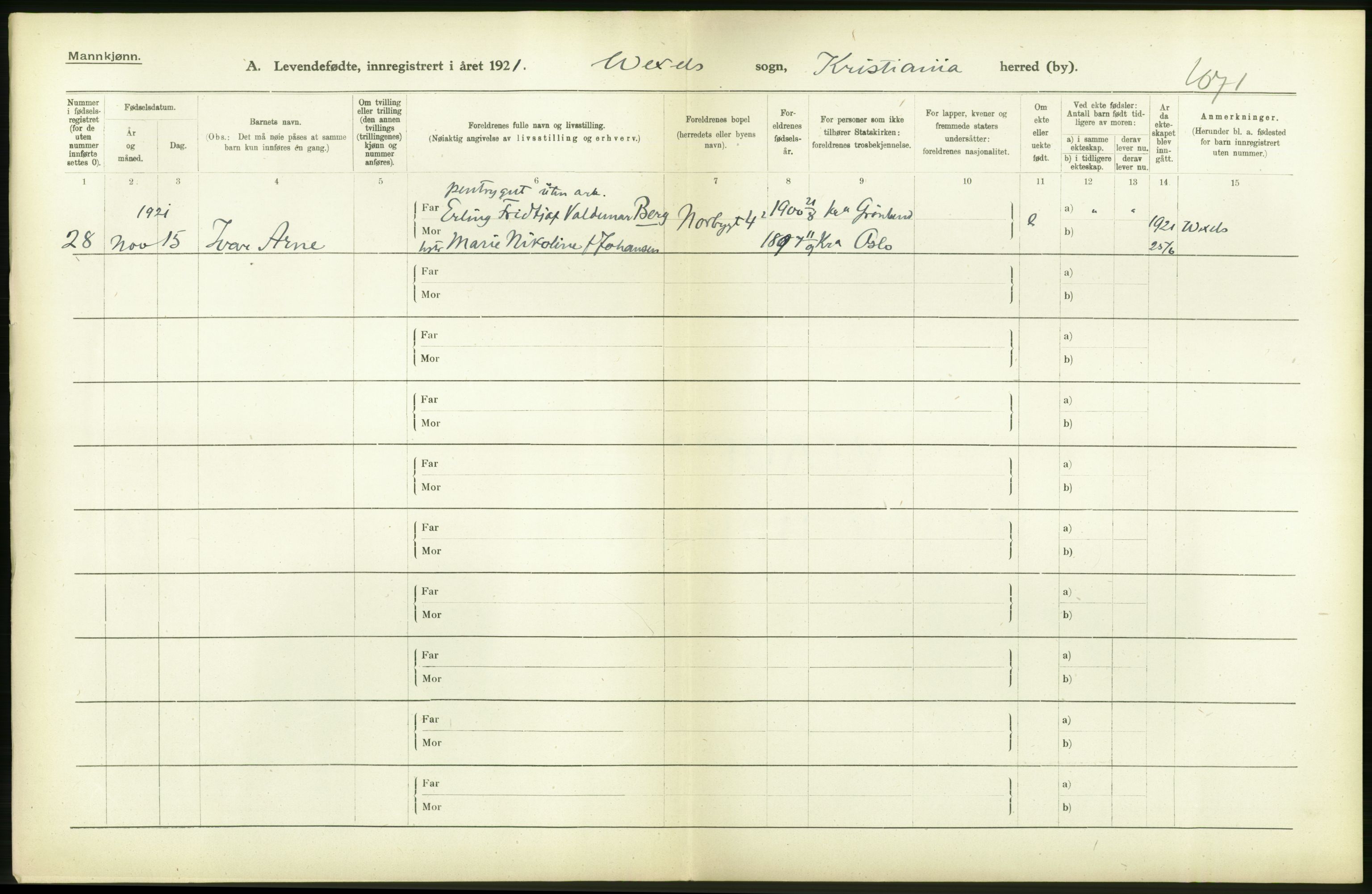 Statistisk sentralbyrå, Sosiodemografiske emner, Befolkning, AV/RA-S-2228/D/Df/Dfc/Dfca/L0009: Kristiania: Levendefødte menn og kvinner., 1921, p. 56