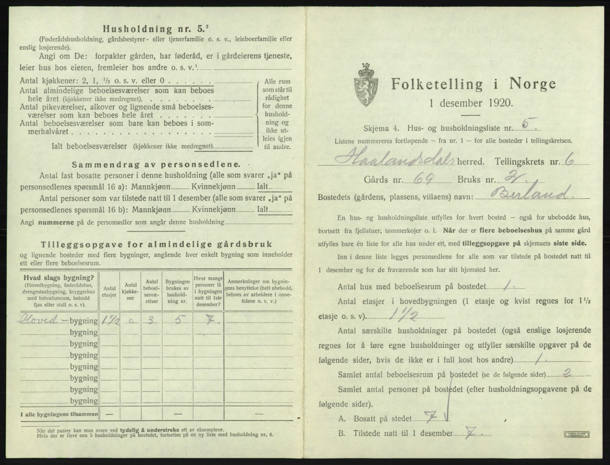 SAB, 1920 census for Hålandsdal, 1920, p. 198