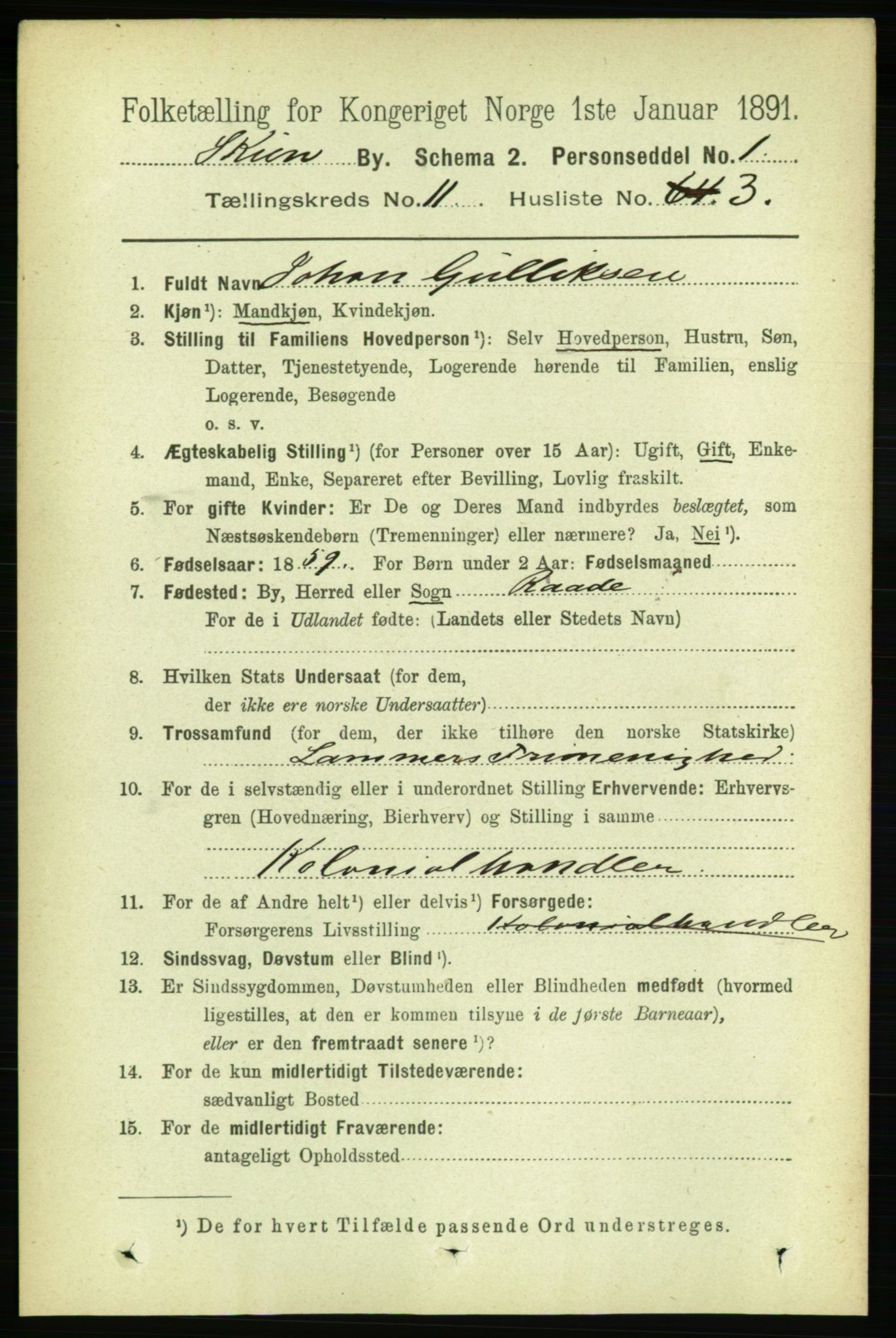 RA, 1891 census for 0806 Skien, 1891, p. 3890