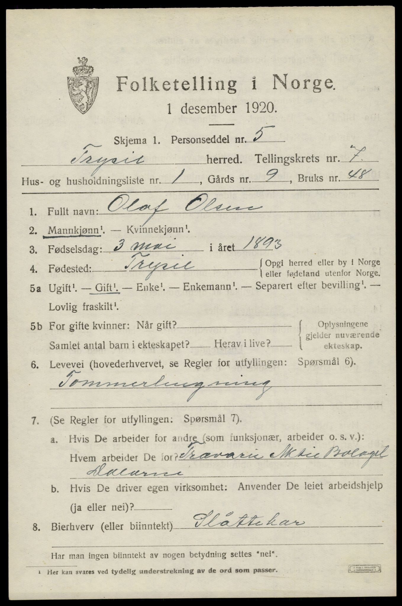 SAH, 1920 census for Trysil, 1920, p. 5229