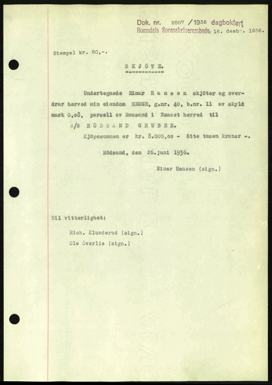 Romsdal sorenskriveri, SAT/A-4149/1/2/2C: Mortgage book no. A2, 1936-1937, Diary no: : 2807/1936