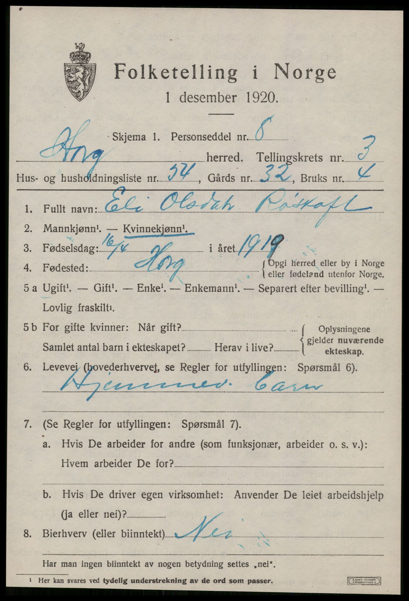 SAT, 1920 census for Horg, 1920, p. 3032