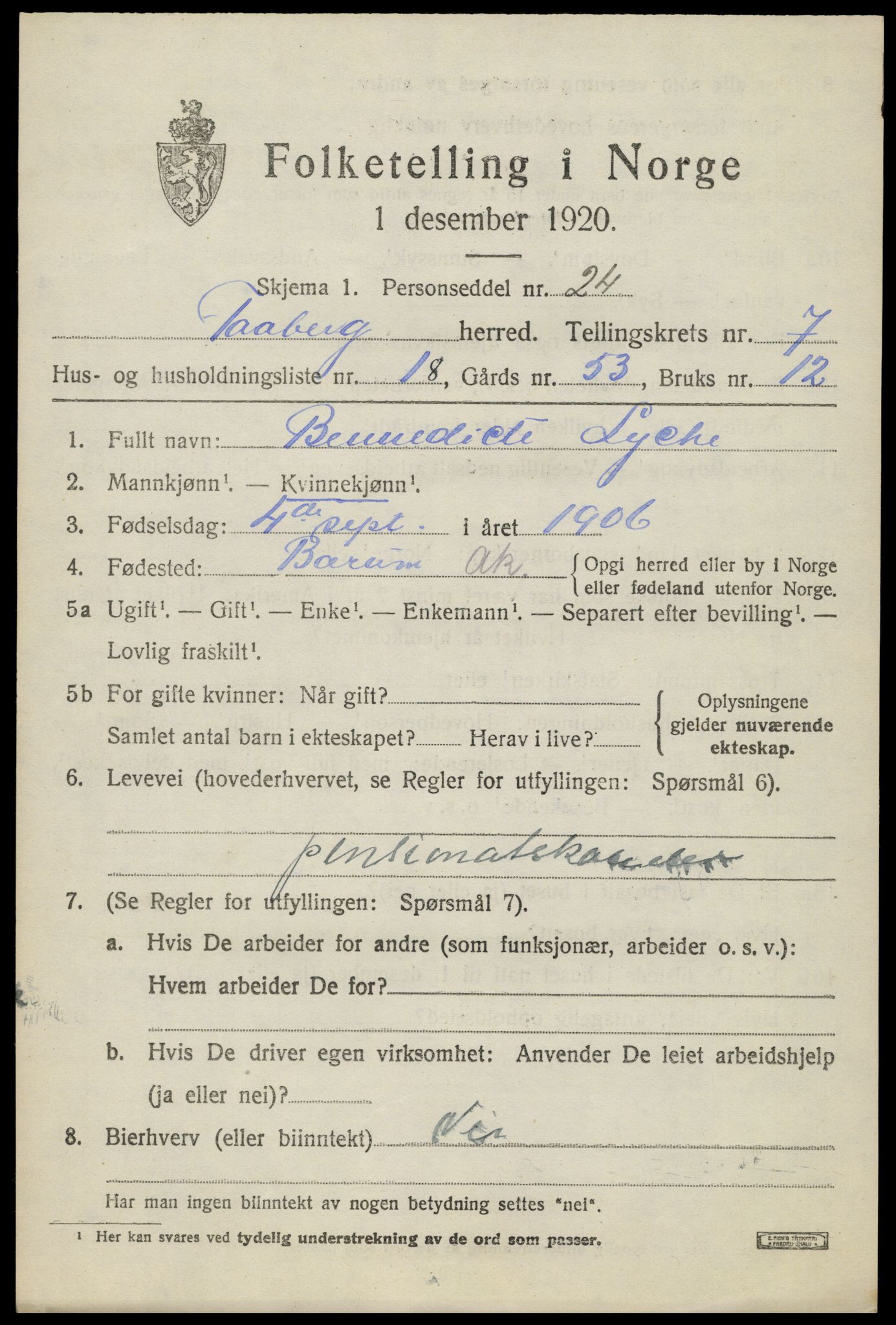 SAH, 1920 census for Fåberg, 1920, p. 8116