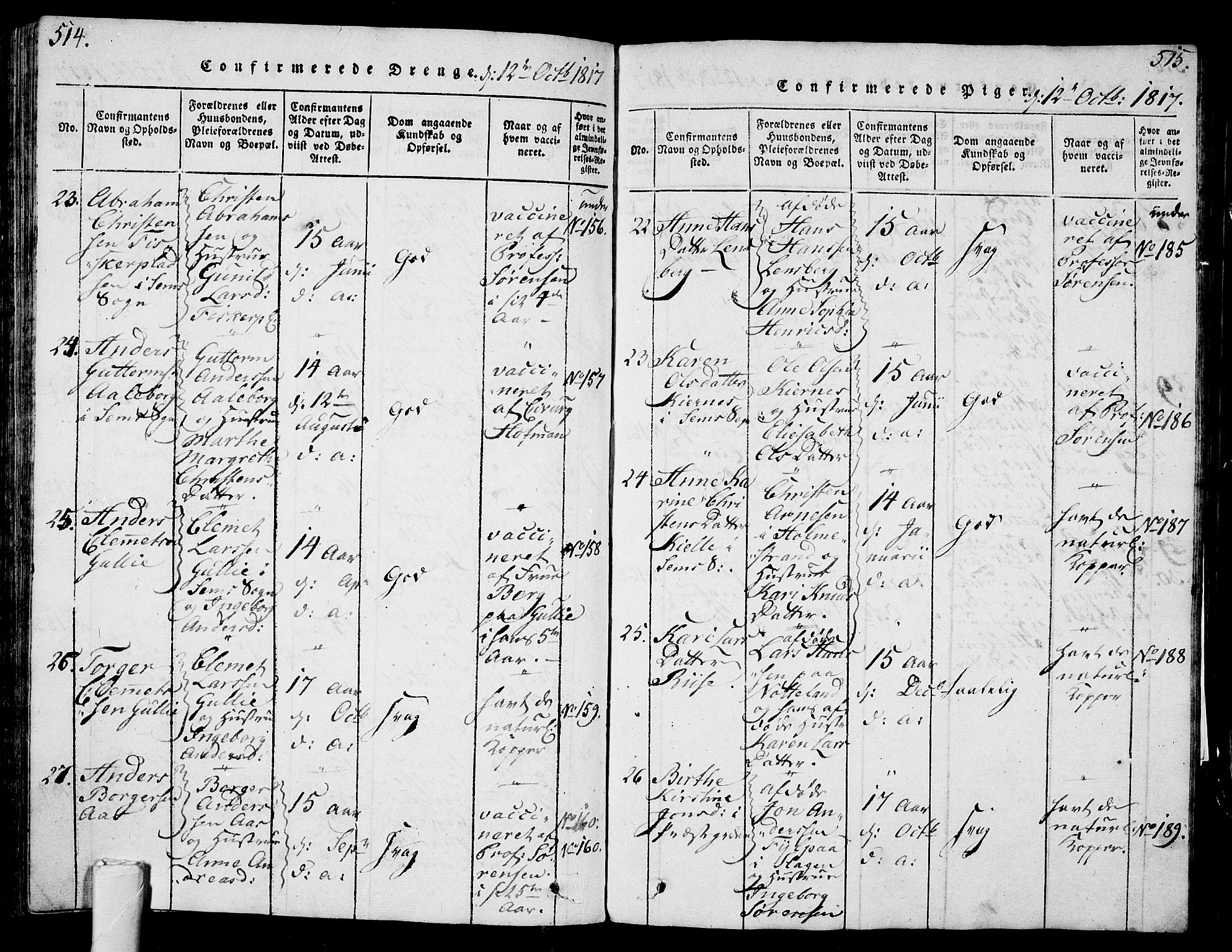 Sem kirkebøker, AV/SAKO-A-5/G/Ga/L0001: Parish register (copy) no. I 1, 1814-1825, p. 514-515