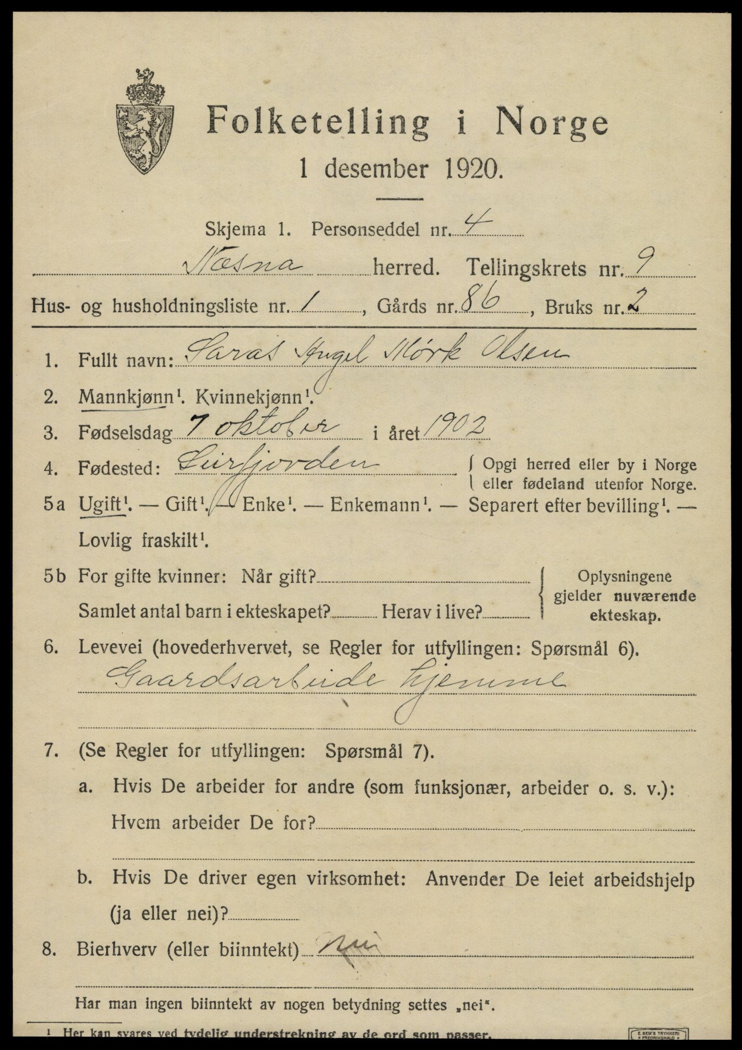 SAT, 1920 census for Nesna, 1920, p. 7329