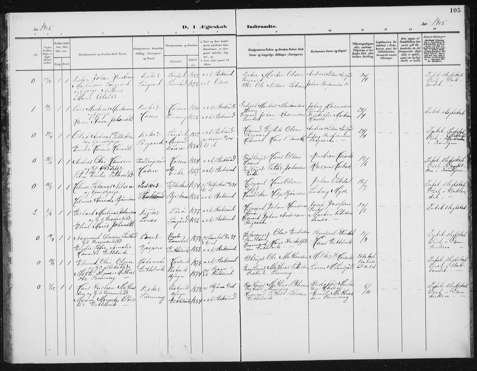 Ministerialprotokoller, klokkerbøker og fødselsregistre - Sør-Trøndelag, SAT/A-1456/656/L0699: Parish register (copy) no. 656C05, 1905-1920, p. 105