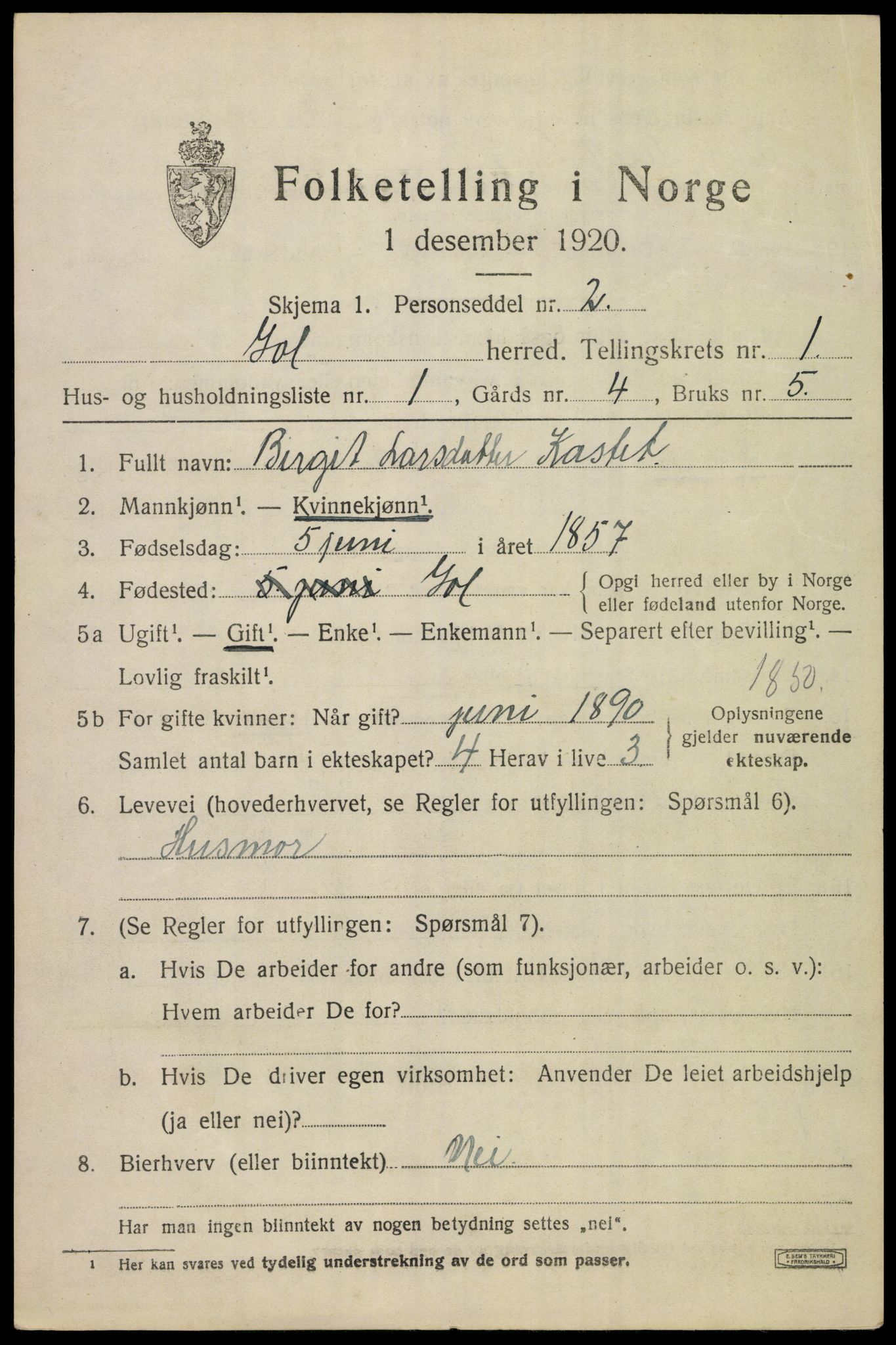 SAKO, 1920 census for Gol, 1920, p. 930