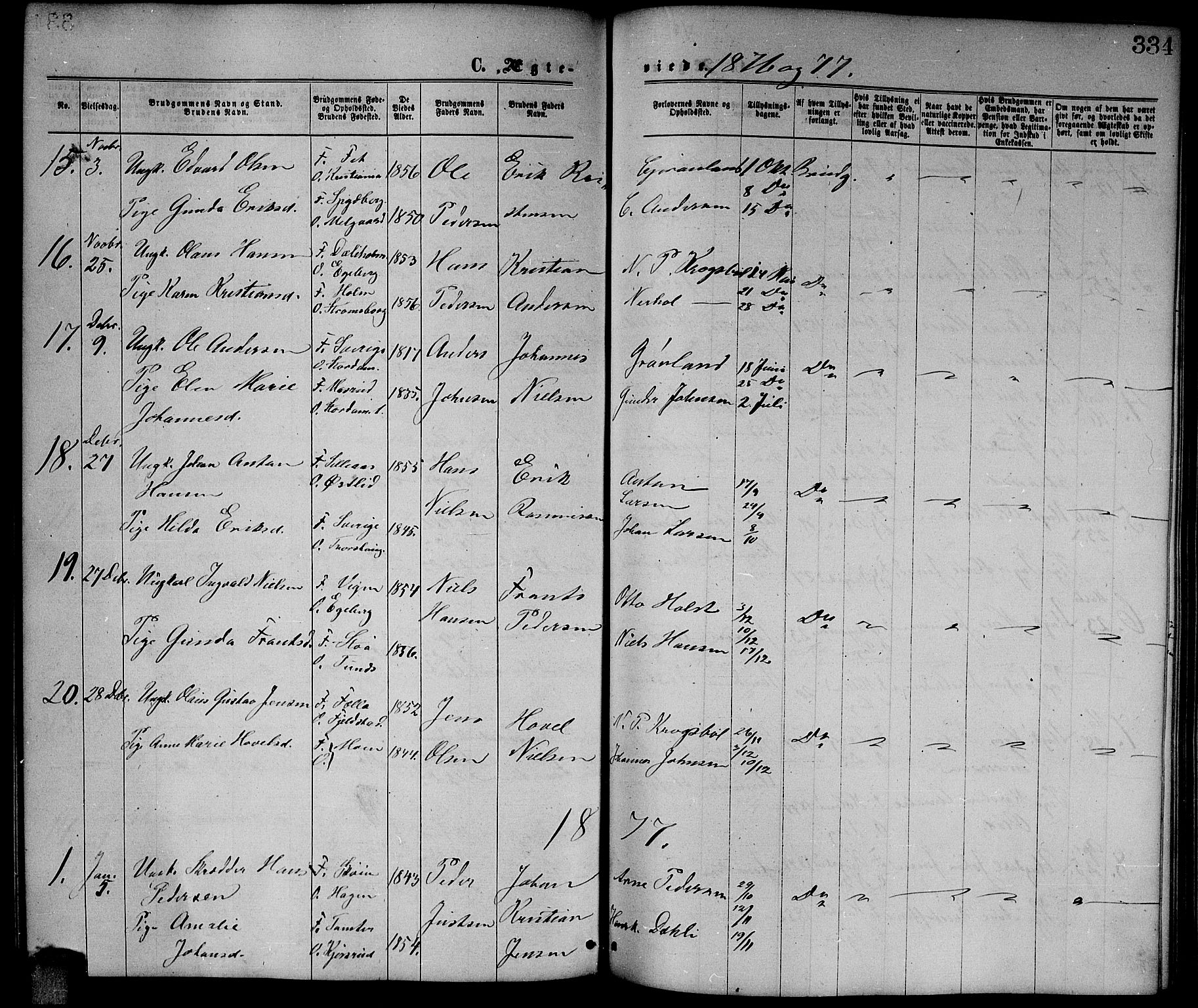 Enebakk prestekontor Kirkebøker, SAO/A-10171c/G/Ga/L0005: Parish register (copy) no. I 5, 1867-1888, p. 334