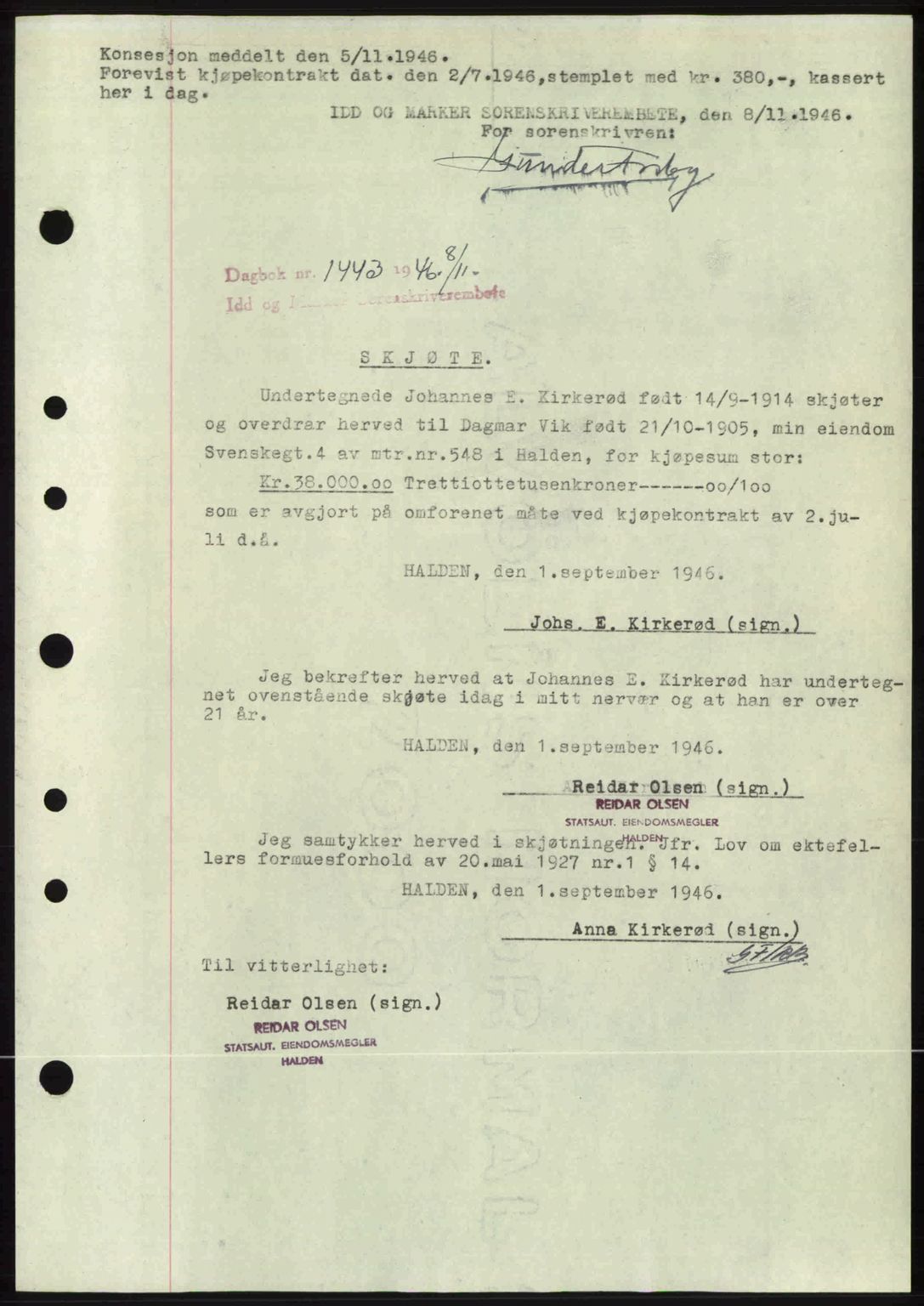 Idd og Marker sorenskriveri, AV/SAO-A-10283/G/Gb/Gbb/L0008: Mortgage book no. A8, 1946-1946, Diary no: : 1443/1946