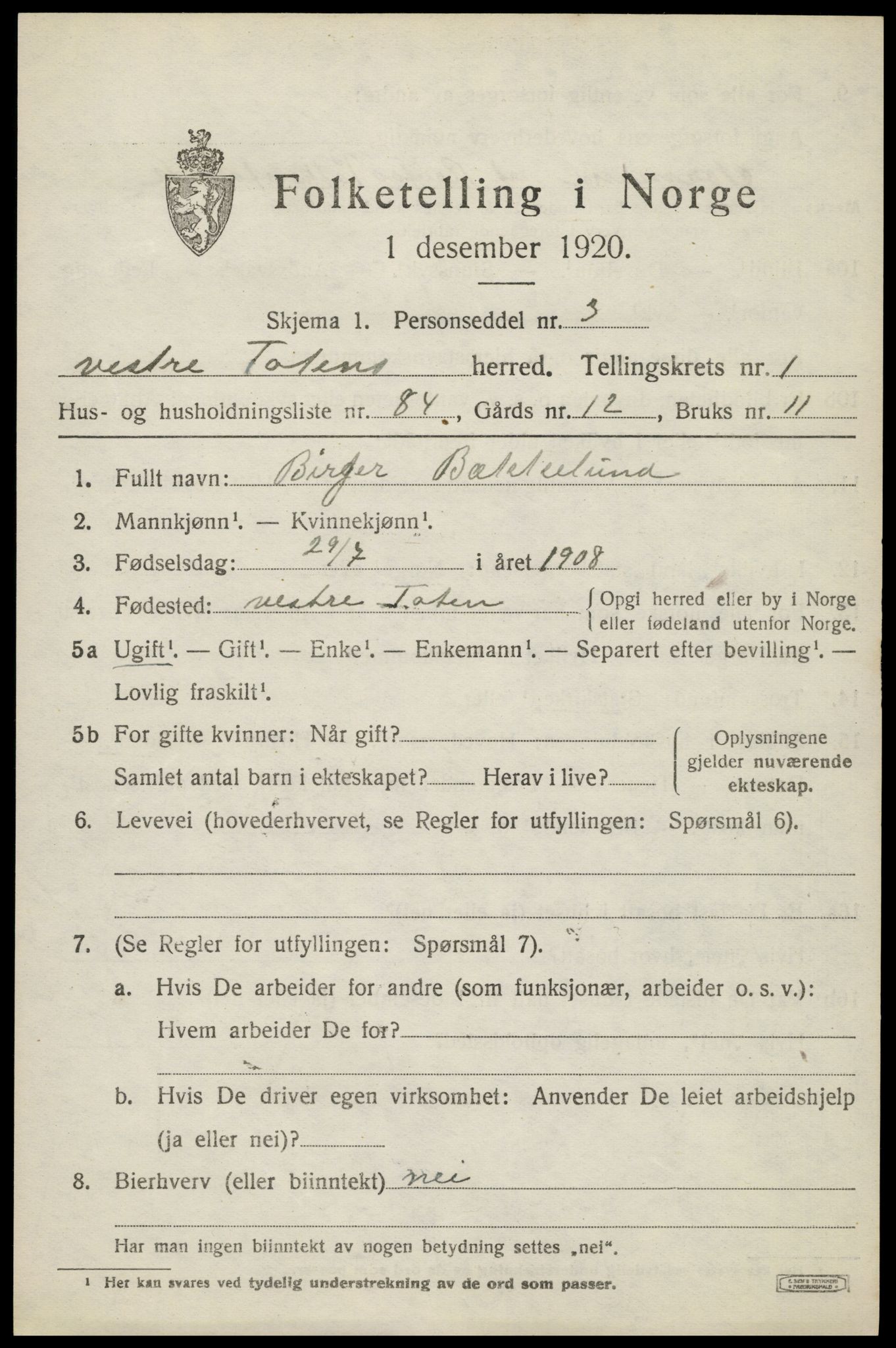 SAH, 1920 census for Vestre Toten, 1920, p. 2802