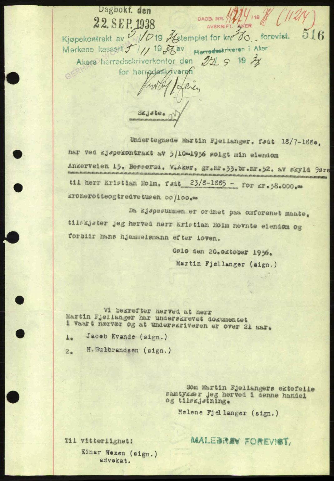 Aker herredsskriveri, SAO/A-10896/G/Gb/Gba/Gbab/L0025: Mortgage book no. A154-155, 1938-1938, Diary no: : 11214/1938