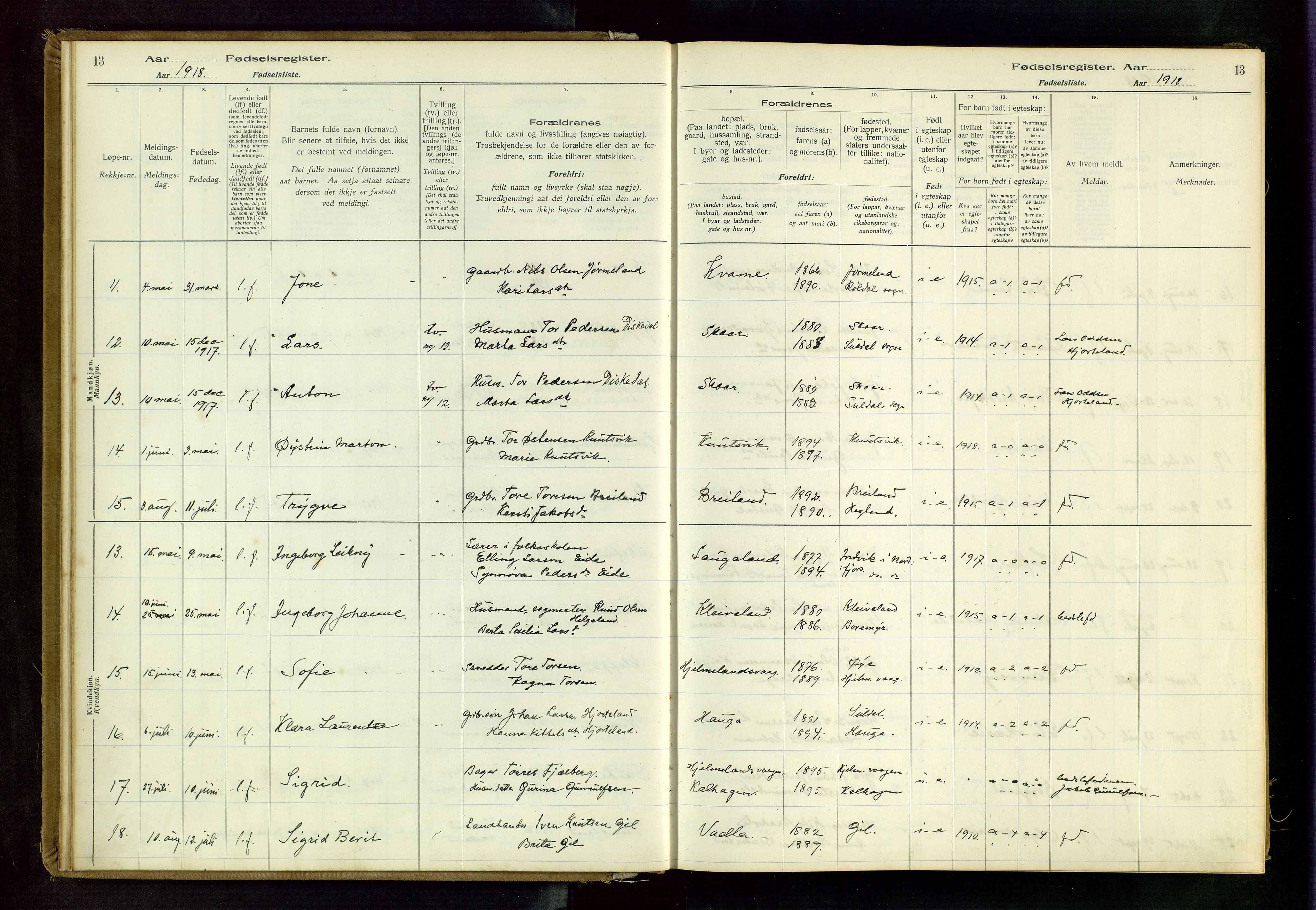 Hjelmeland sokneprestkontor, AV/SAST-A-101843/02/B/L0001: Birth register no. 1, 1916-1963, p. 13