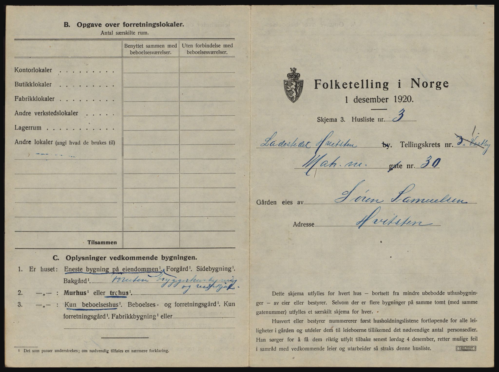 SAO, 1920 census for Hvitsten, 1920, p. 12