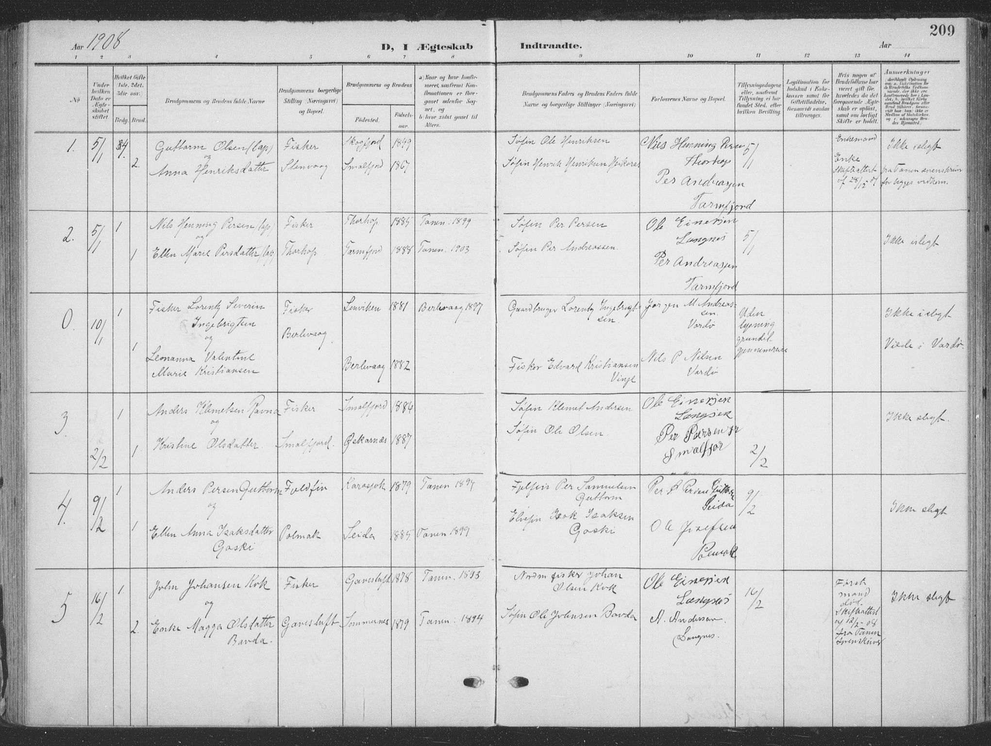 Tana sokneprestkontor, SATØ/S-1334/H/Ha/L0007kirke: Parish register (official) no. 7, 1904-1918, p. 209