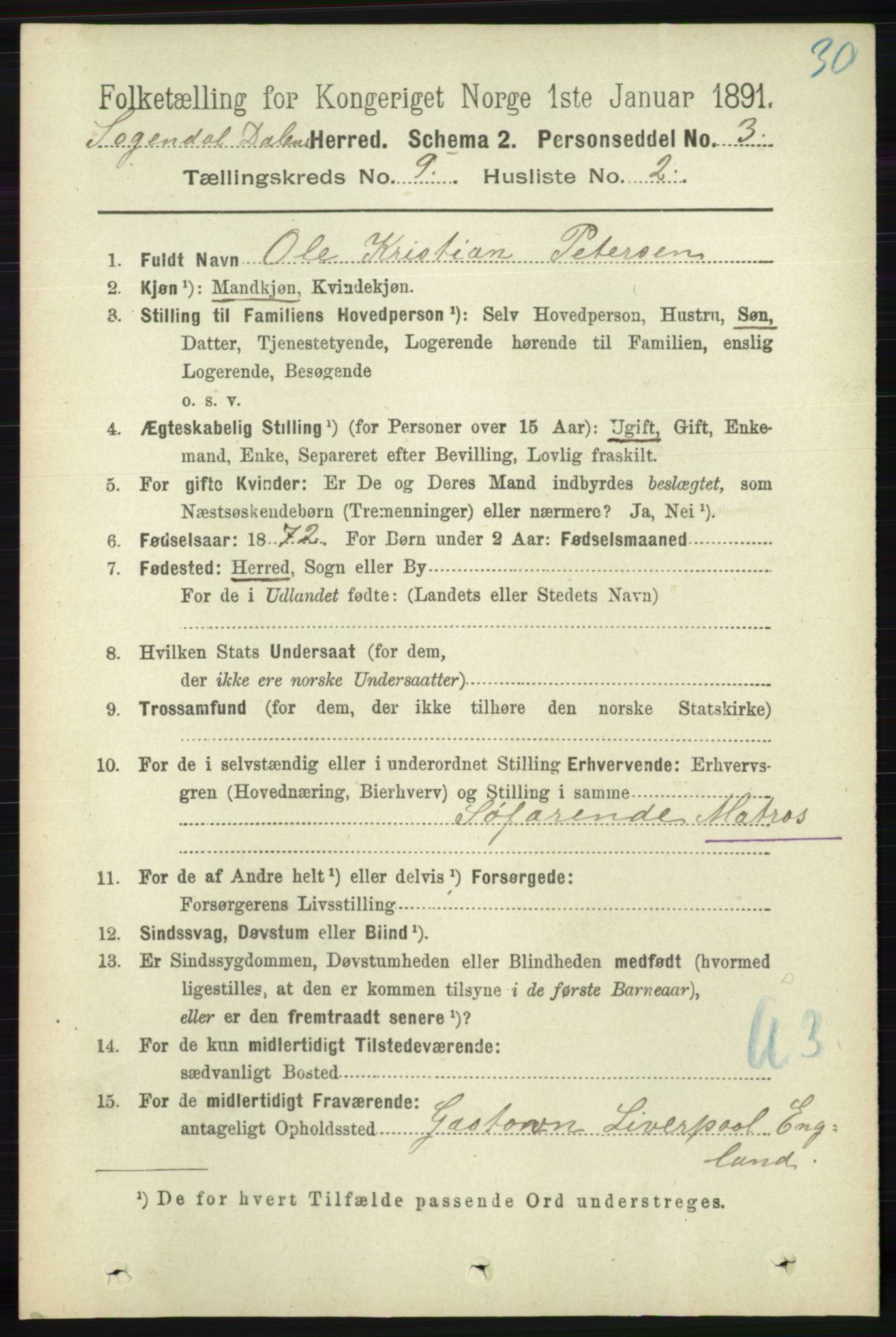 RA, 1891 census for 1111 Sokndal, 1891, p. 3165