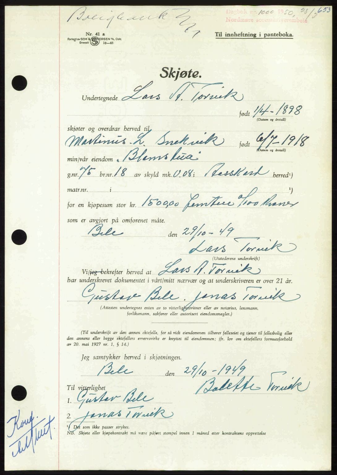 Nordmøre sorenskriveri, AV/SAT-A-4132/1/2/2Ca: Mortgage book no. A114, 1950-1950, Diary no: : 1000/1950