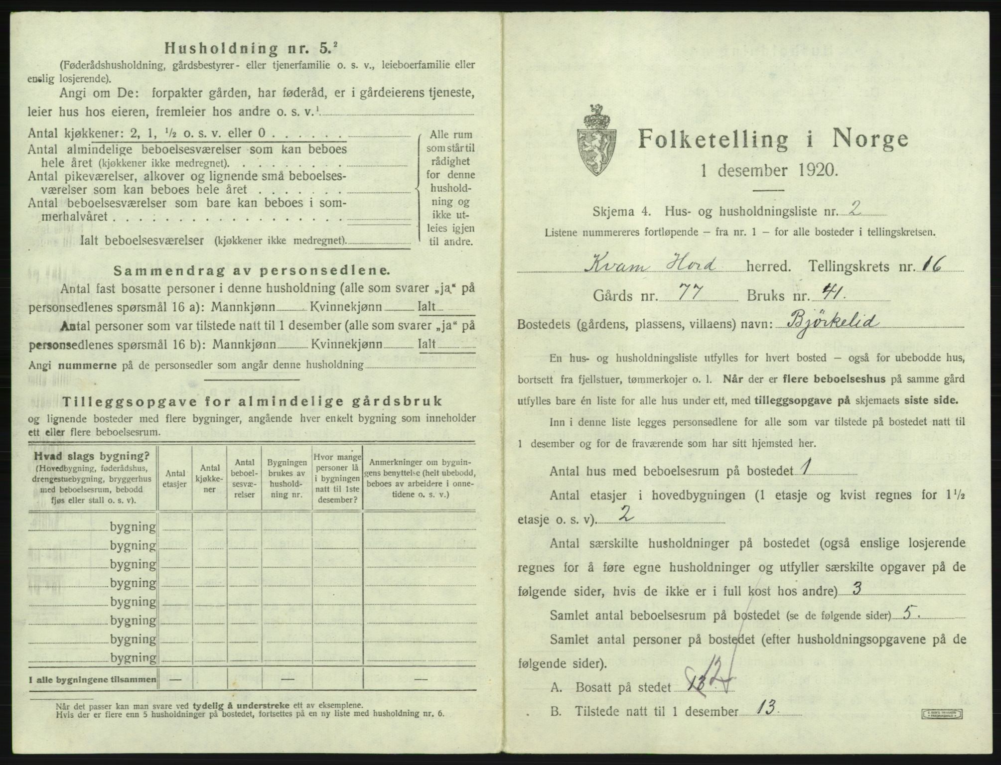 SAB, 1920 census for Kvam, 1920, p. 1265