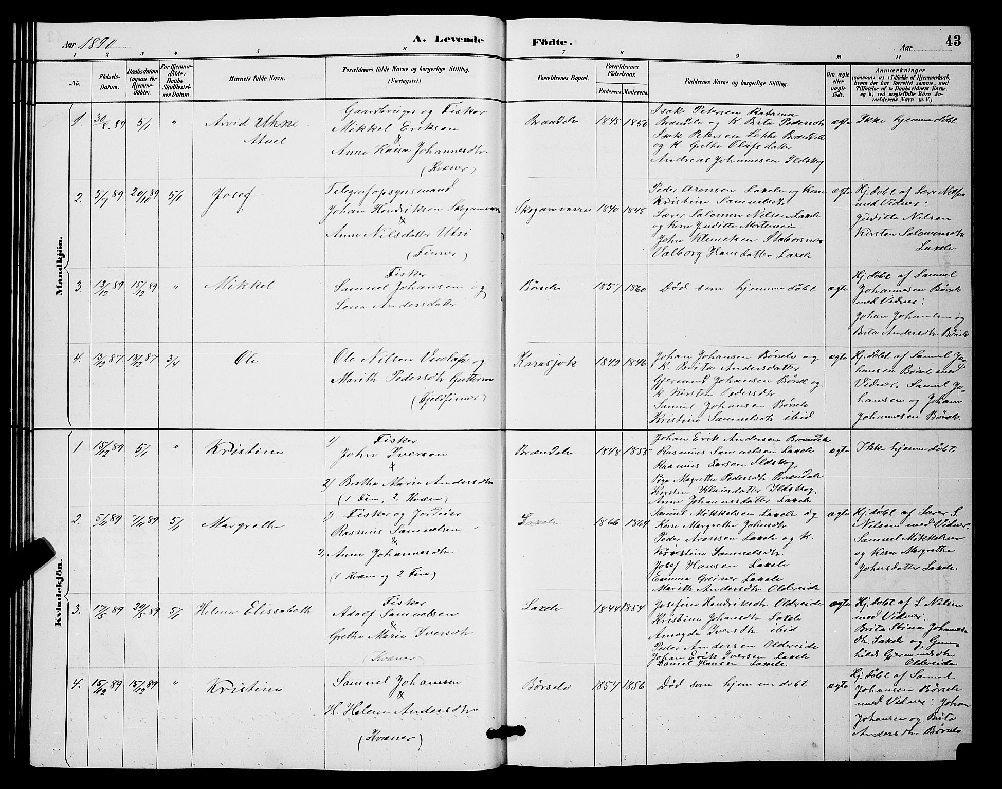 Kistrand/Porsanger sokneprestembete, SATØ/S-1351/H/Hb/L0004.klokk: Parish register (copy) no. 4, 1885-1894, p. 43