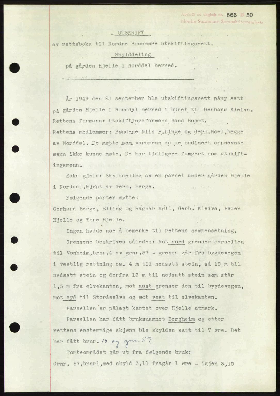 Nordre Sunnmøre sorenskriveri, AV/SAT-A-0006/1/2/2C/2Ca: Mortgage book no. A34, 1950-1950, Diary no: : 566/1950