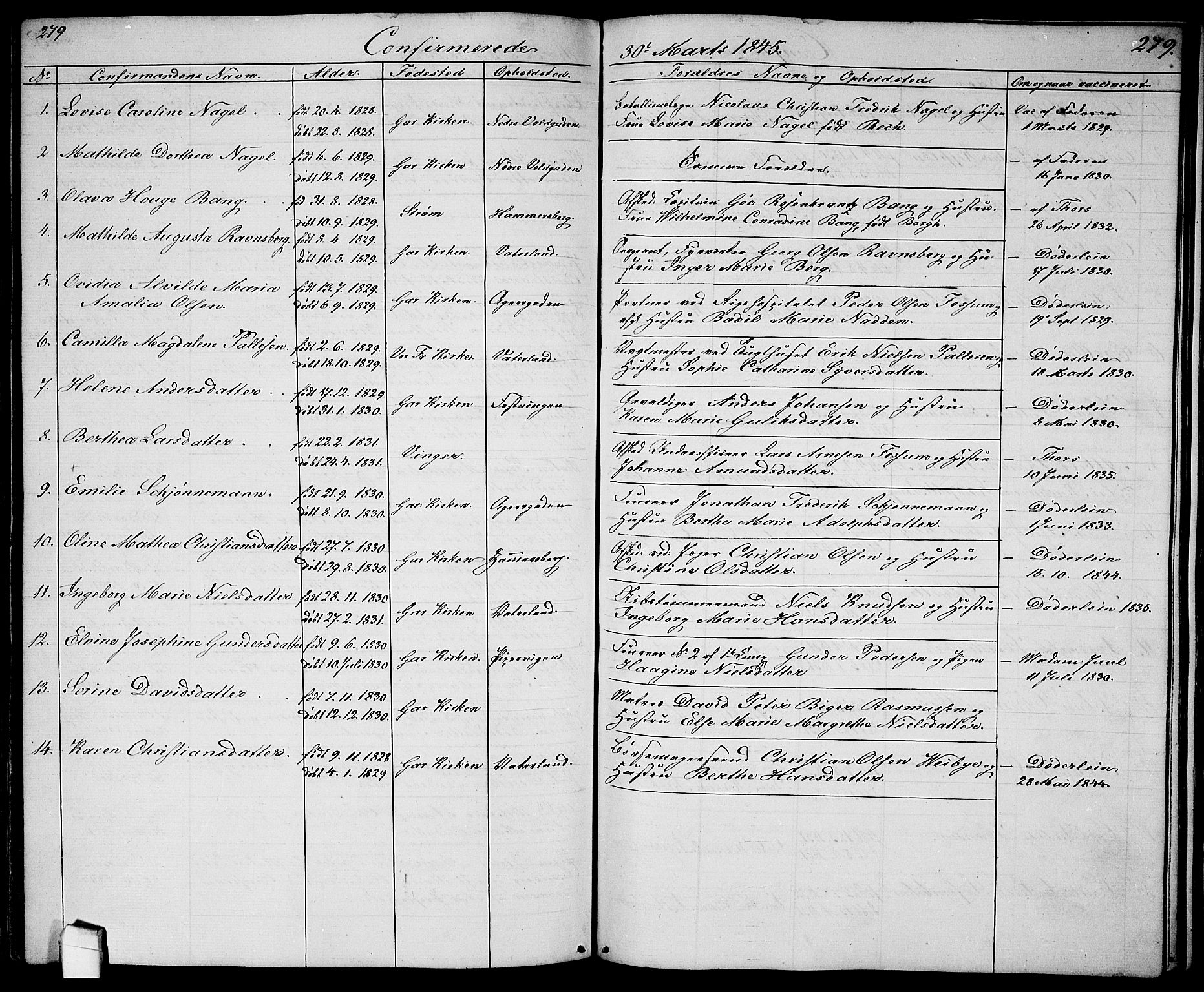 Garnisonsmenigheten Kirkebøker, SAO/A-10846/G/Ga/L0005: Parish register (copy) no. 5, 1841-1860, p. 279