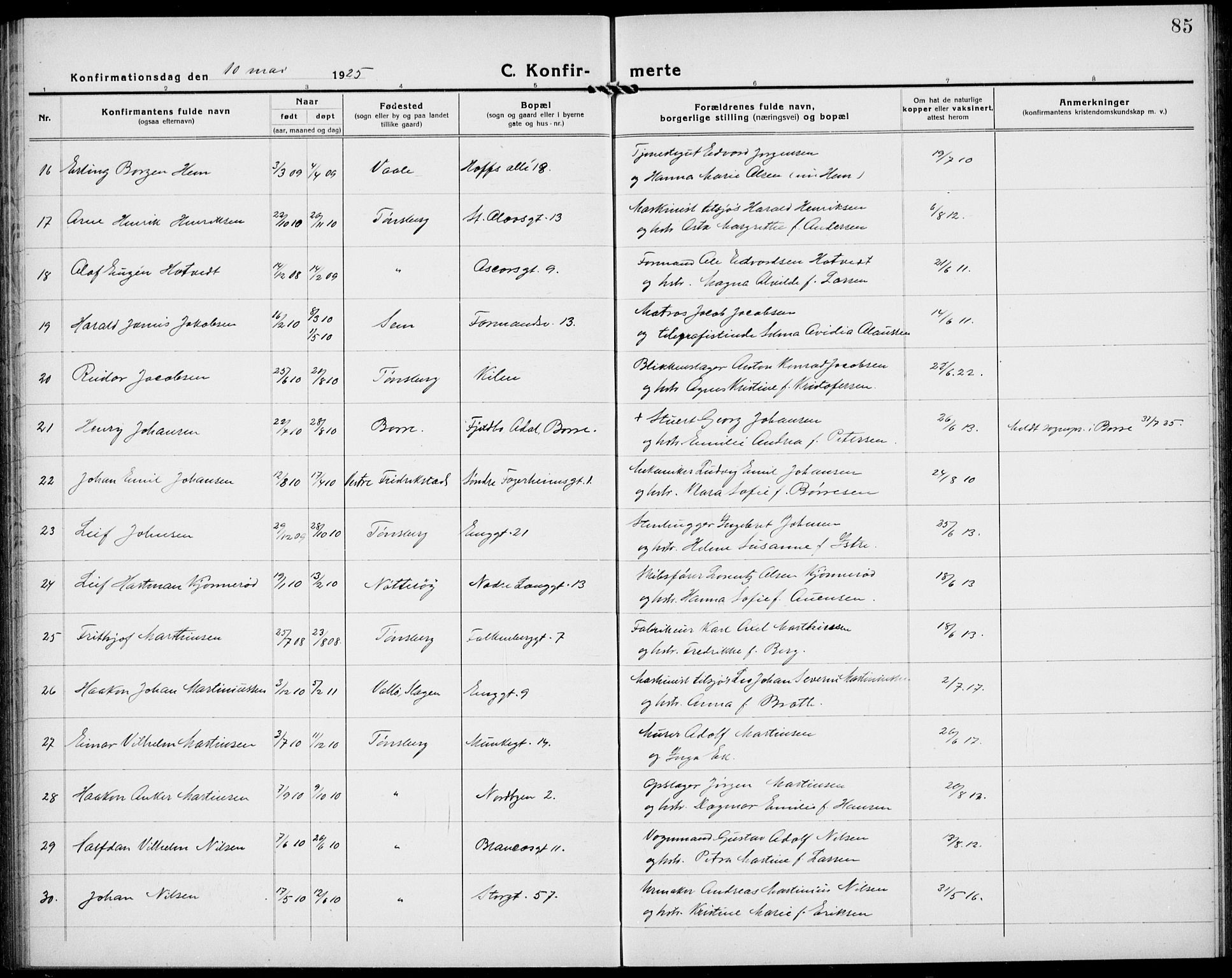 Tønsberg kirkebøker, AV/SAKO-A-330/G/Ga/L0013: Parish register (copy) no. 13, 1920-1929, p. 85