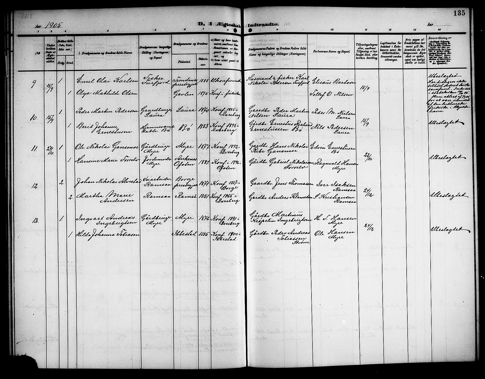 Ministerialprotokoller, klokkerbøker og fødselsregistre - Nordland, AV/SAT-A-1459/897/L1414: Parish register (copy) no. 897C04, 1904-1915, p. 135