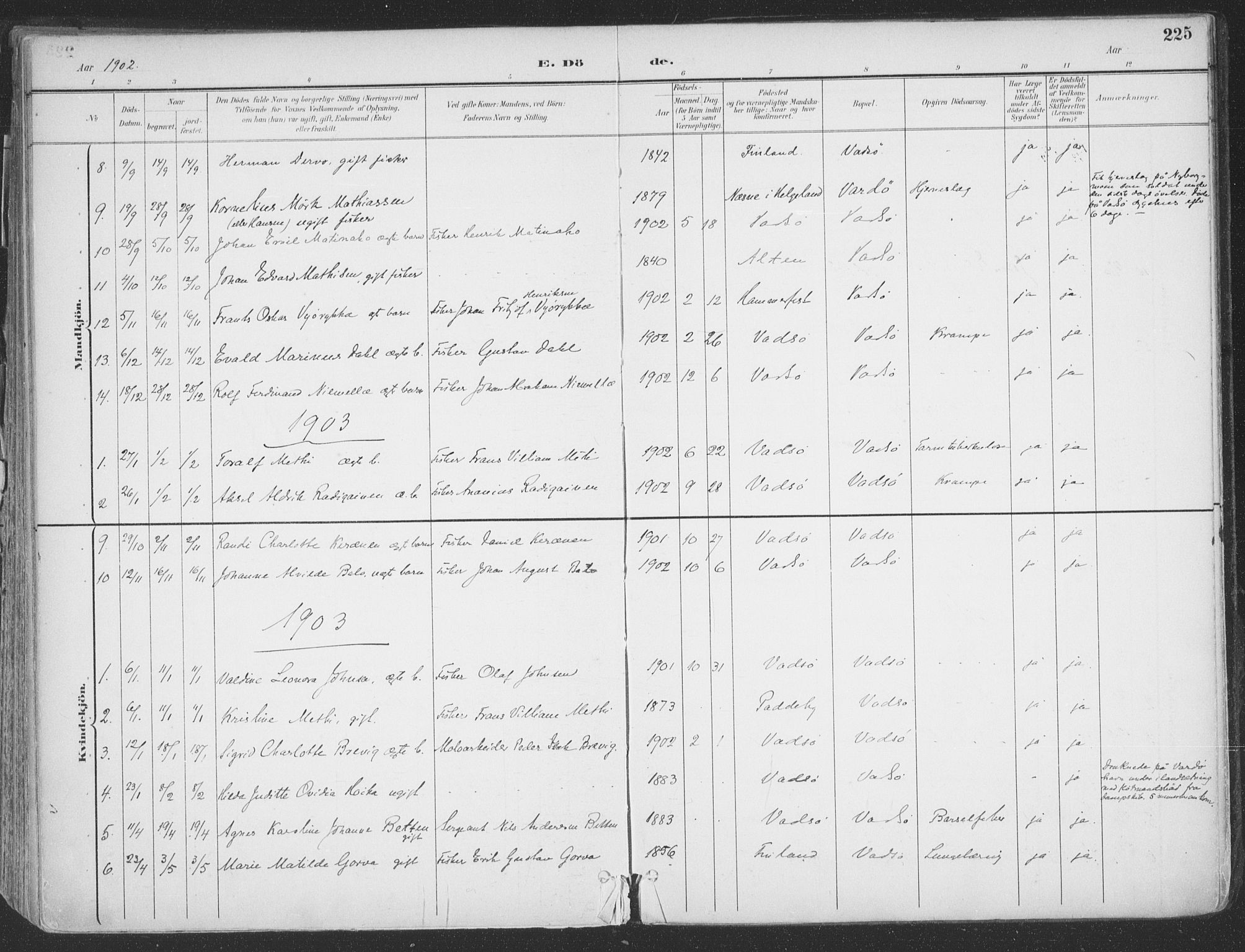 Vadsø sokneprestkontor, AV/SATØ-S-1325/H/Ha/L0007kirke: Parish register (official) no. 7, 1896-1916, p. 225