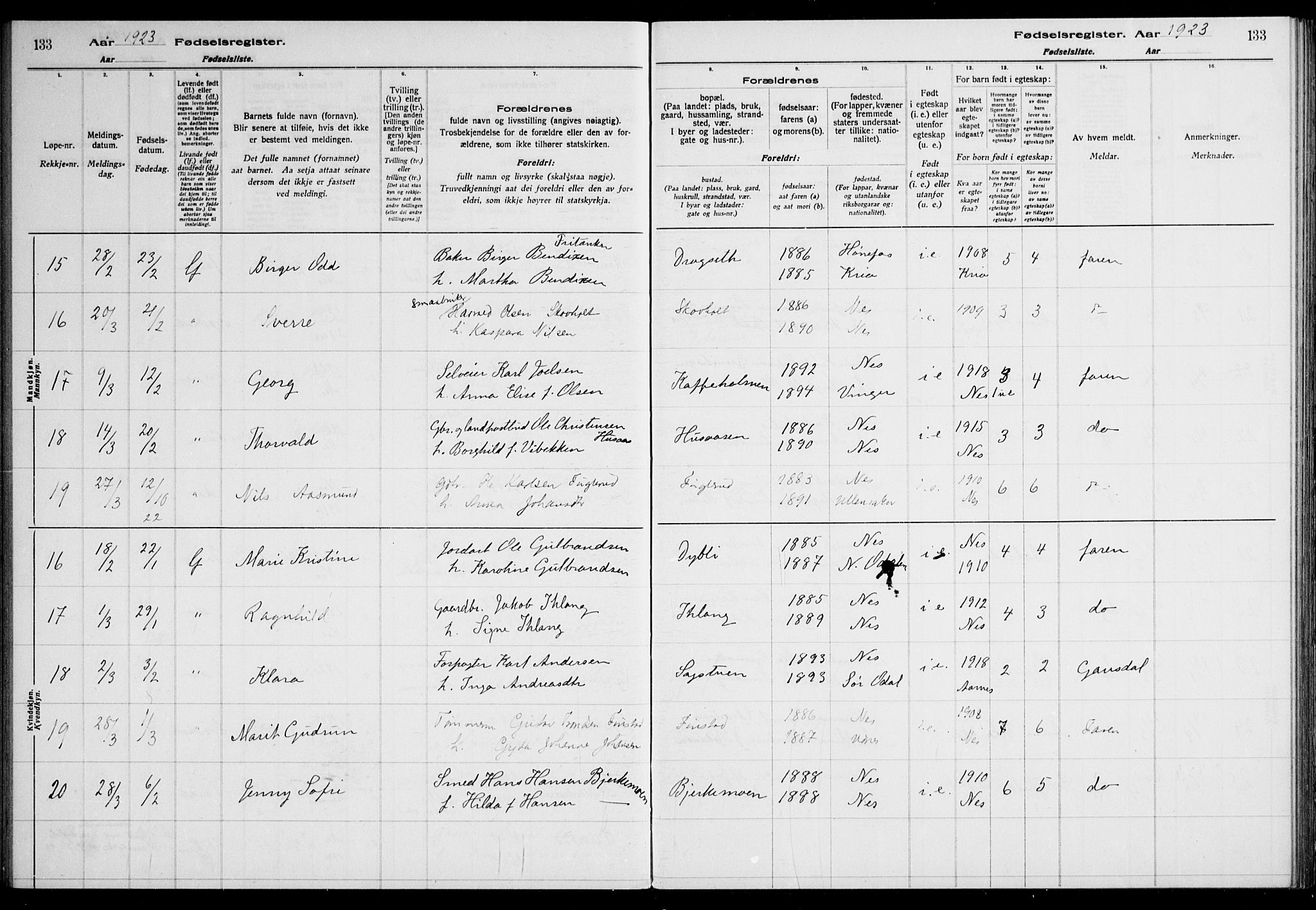 Nes prestekontor Kirkebøker, AV/SAO-A-10410/J/Ja/L0001: Birth register no. 1, 1916-1926, p. 133