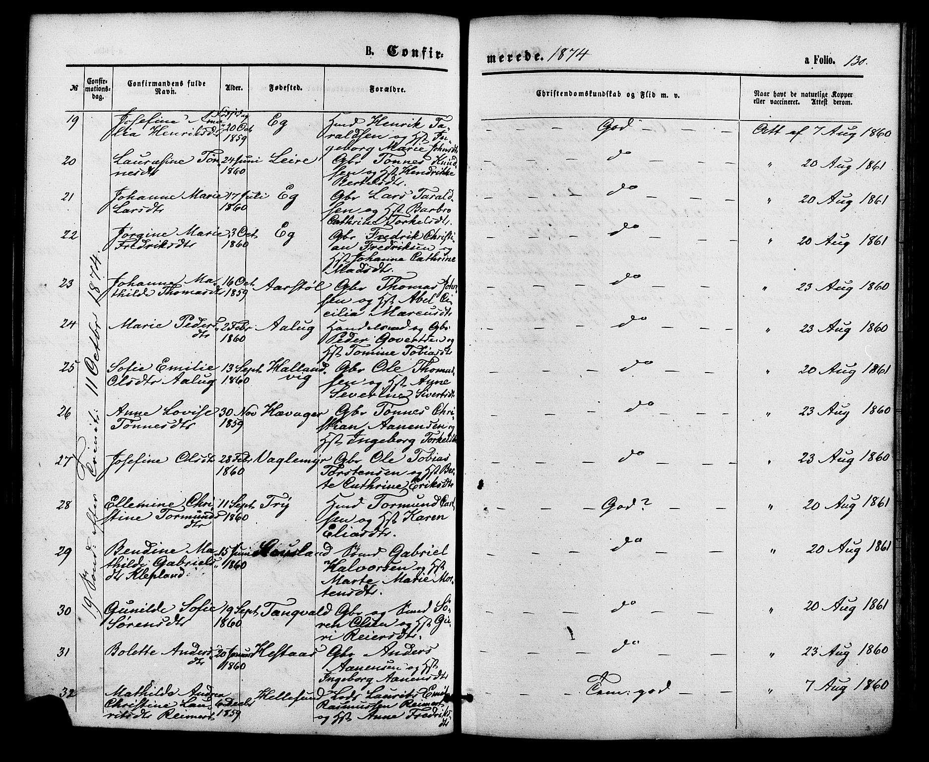 Søgne sokneprestkontor, SAK/1111-0037/F/Fa/Fab/L0011: Parish register (official) no. A 11, 1869-1879, p. 130